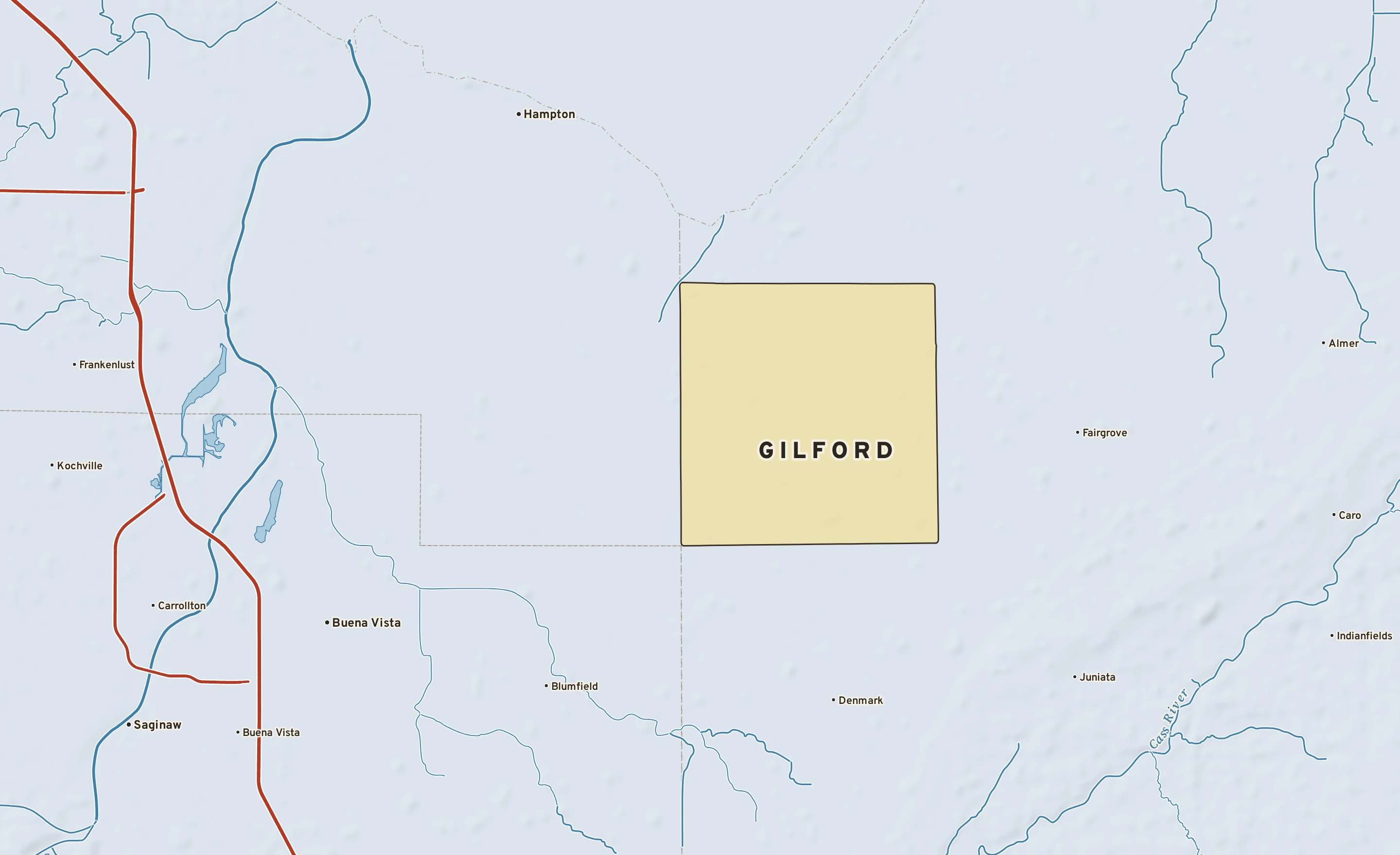 Shaded-relief atlas plate of Gilford, Michigan: rivers, roads, the city limits and where the water drains.