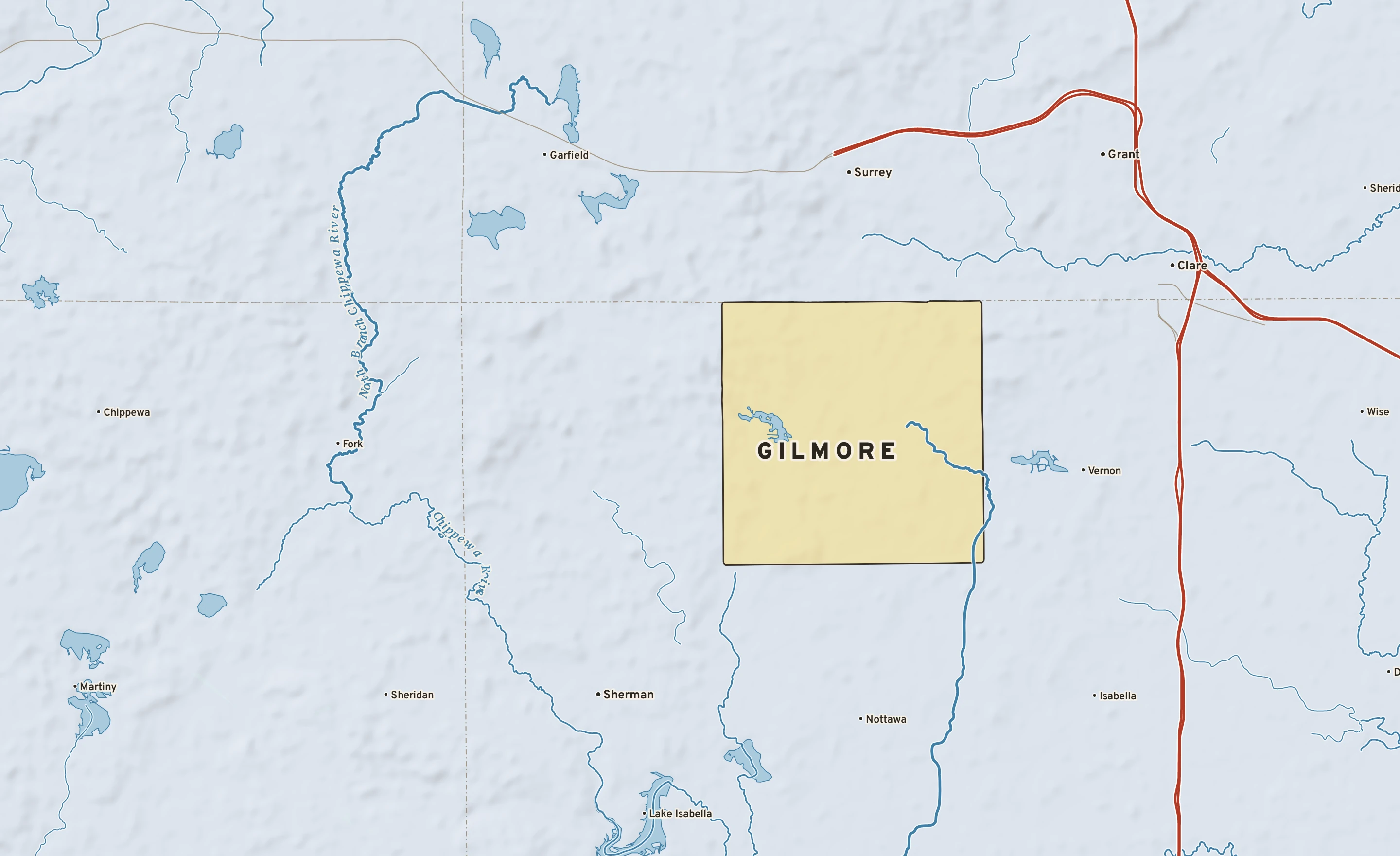 Shaded-relief atlas plate of Gilmore, Michigan: rivers, roads, the city limits and where the water drains.