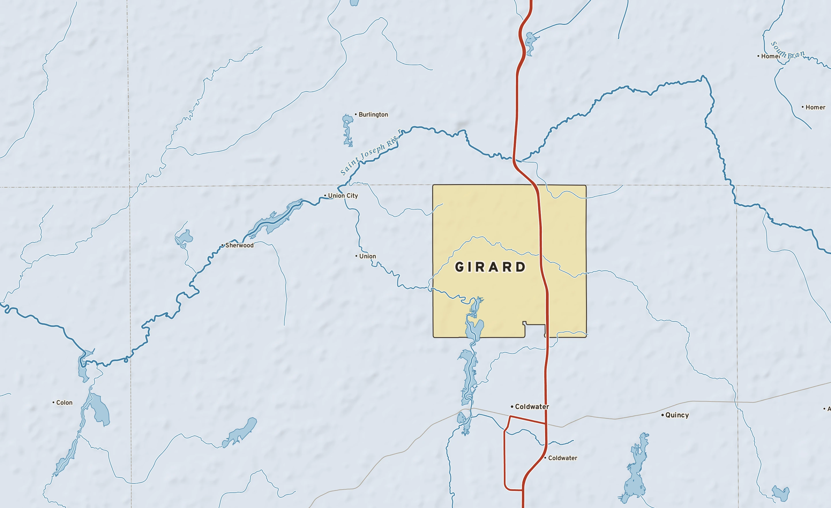 Shaded-relief atlas plate of Girard, Michigan: rivers, roads, the city limits and where the water drains.