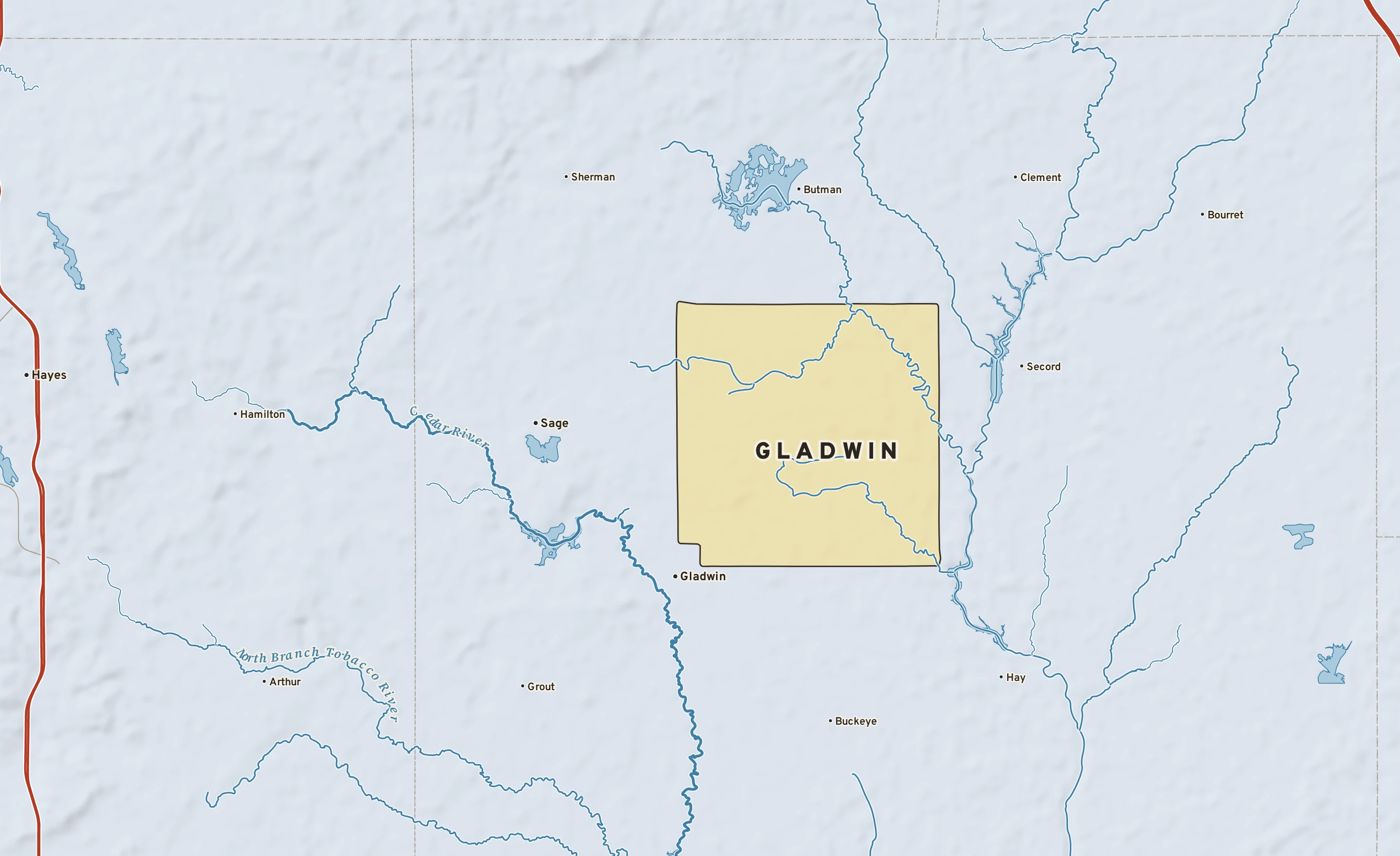 Shaded-relief atlas plate of Gladwin, Michigan: rivers, roads, the city limits and where the water drains.