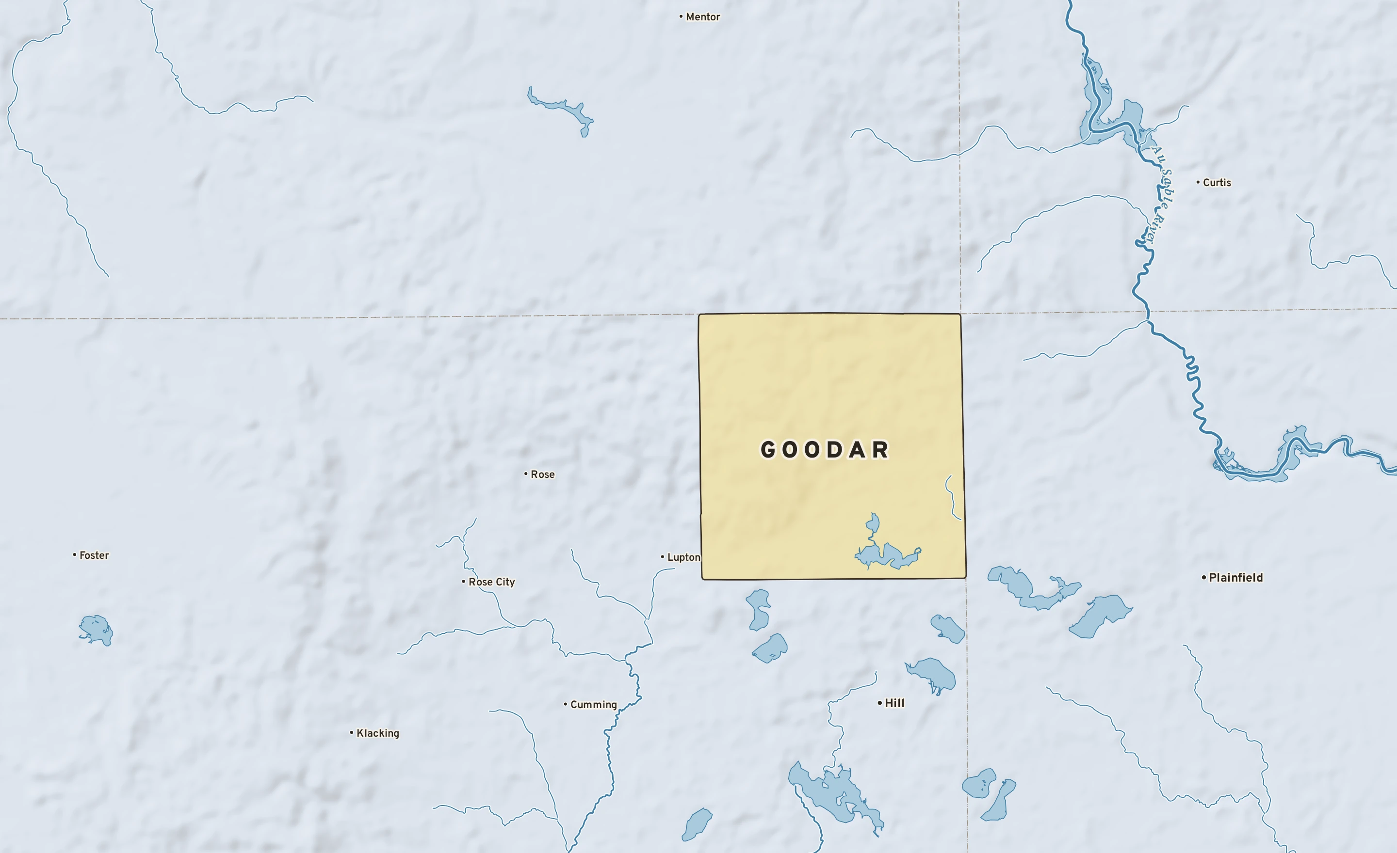 Shaded-relief atlas plate of Goodar, Michigan: rivers, roads, the city limits and where the water drains.
