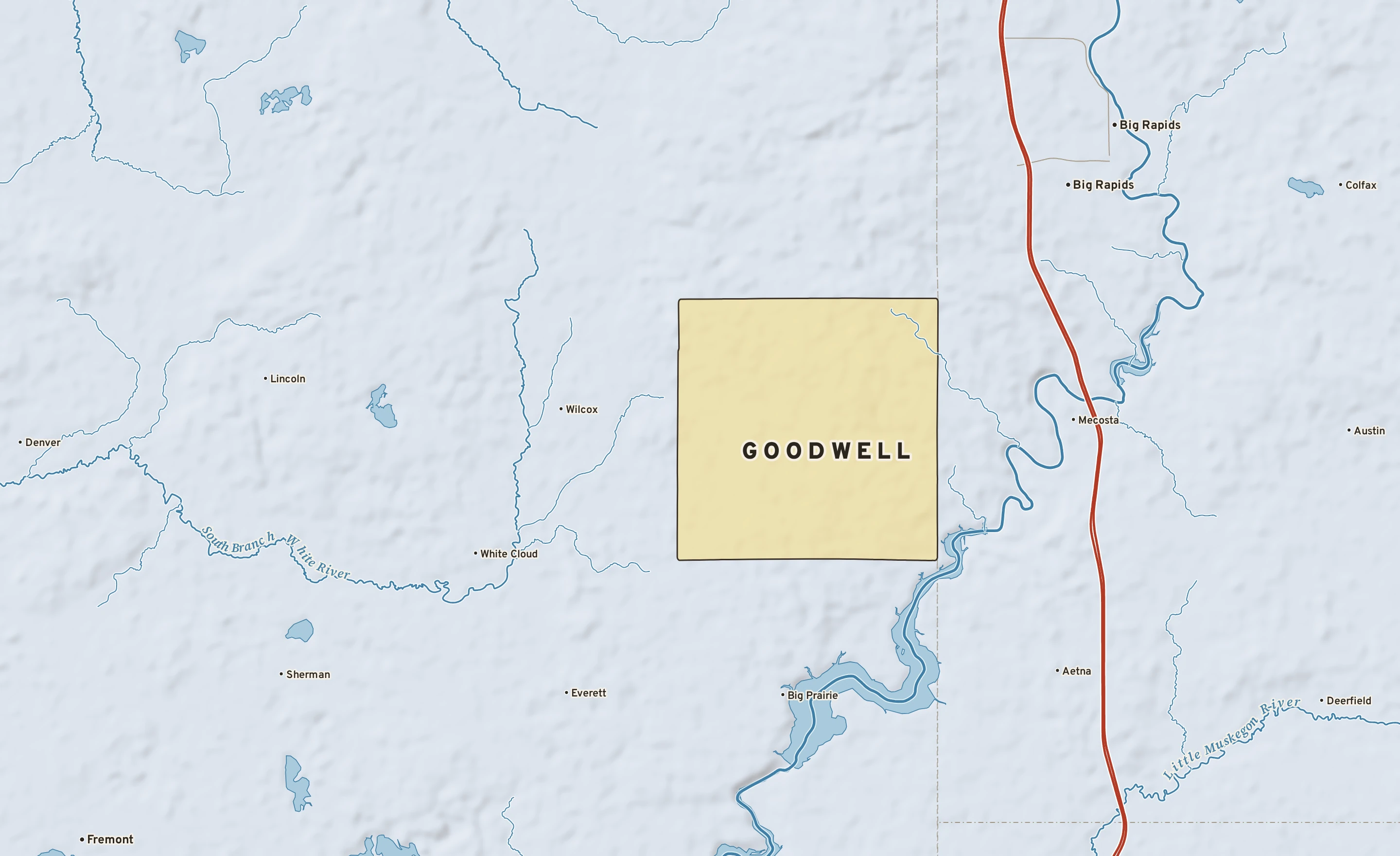 Shaded-relief atlas plate of Goodwell, Michigan: rivers, roads, the city limits and where the water drains.