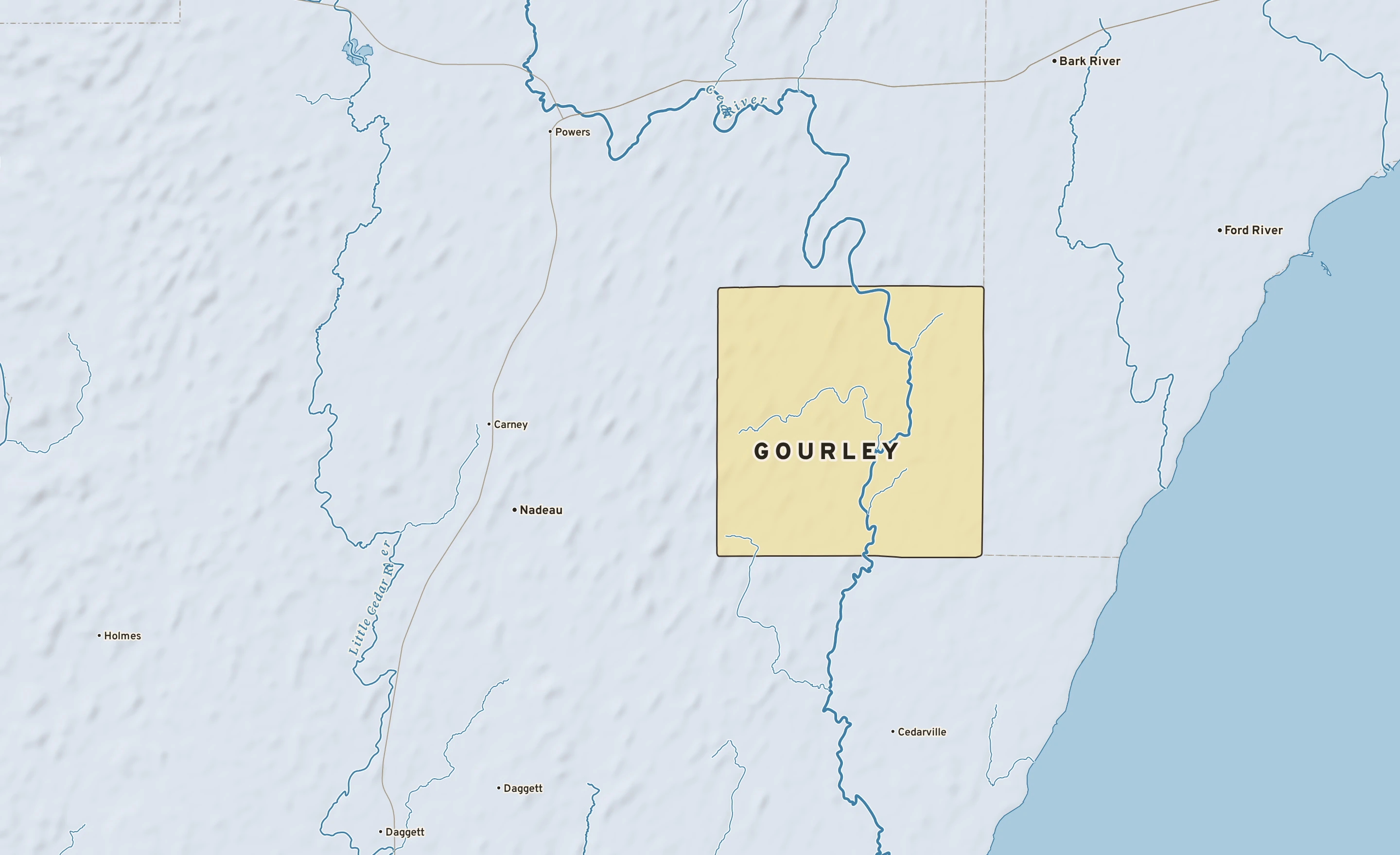 Shaded-relief atlas plate of Gourley, Michigan: rivers, roads, the city limits and where the water drains.