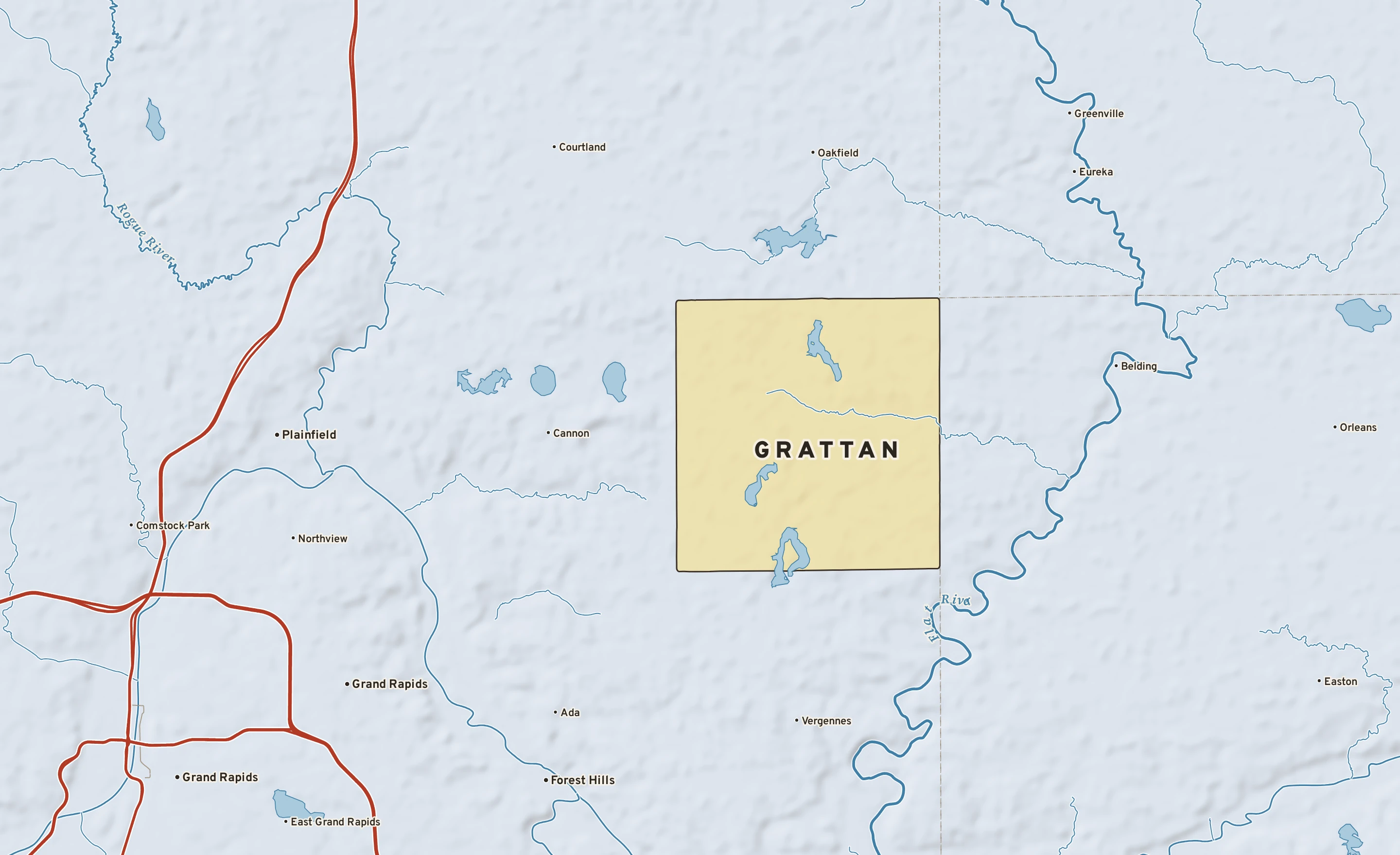 Shaded-relief atlas plate of Grattan, Michigan: rivers, roads, the city limits and where the water drains.