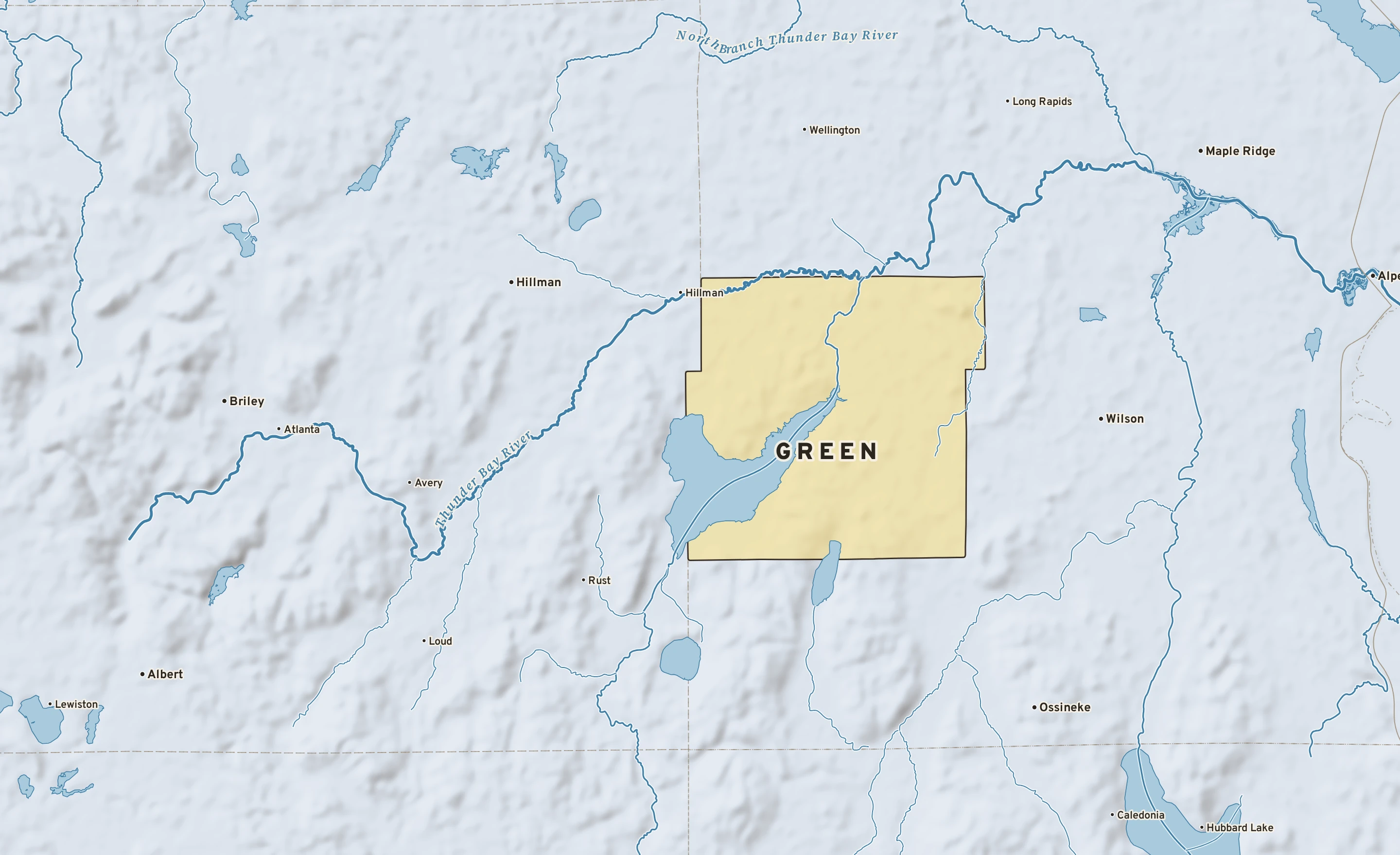 Shaded-relief atlas plate of Green, Michigan: rivers, roads, the city limits and where the water drains.