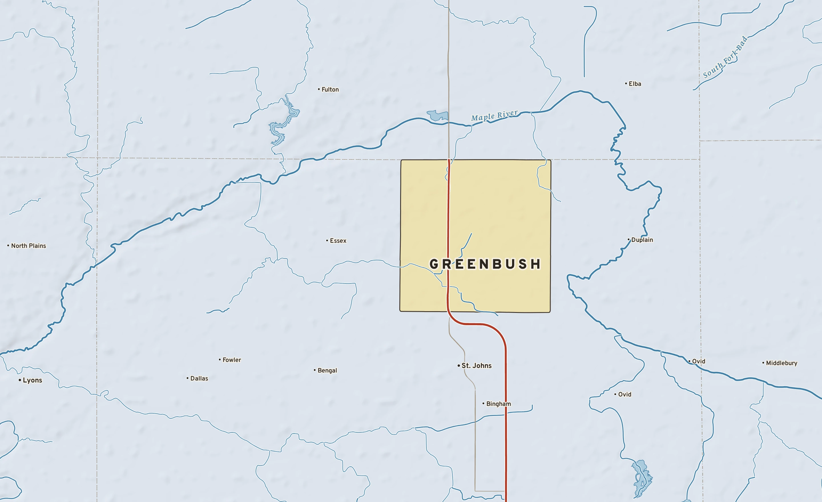 Shaded-relief atlas plate of Greenbush, Michigan: rivers, roads, the city limits and where the water drains.