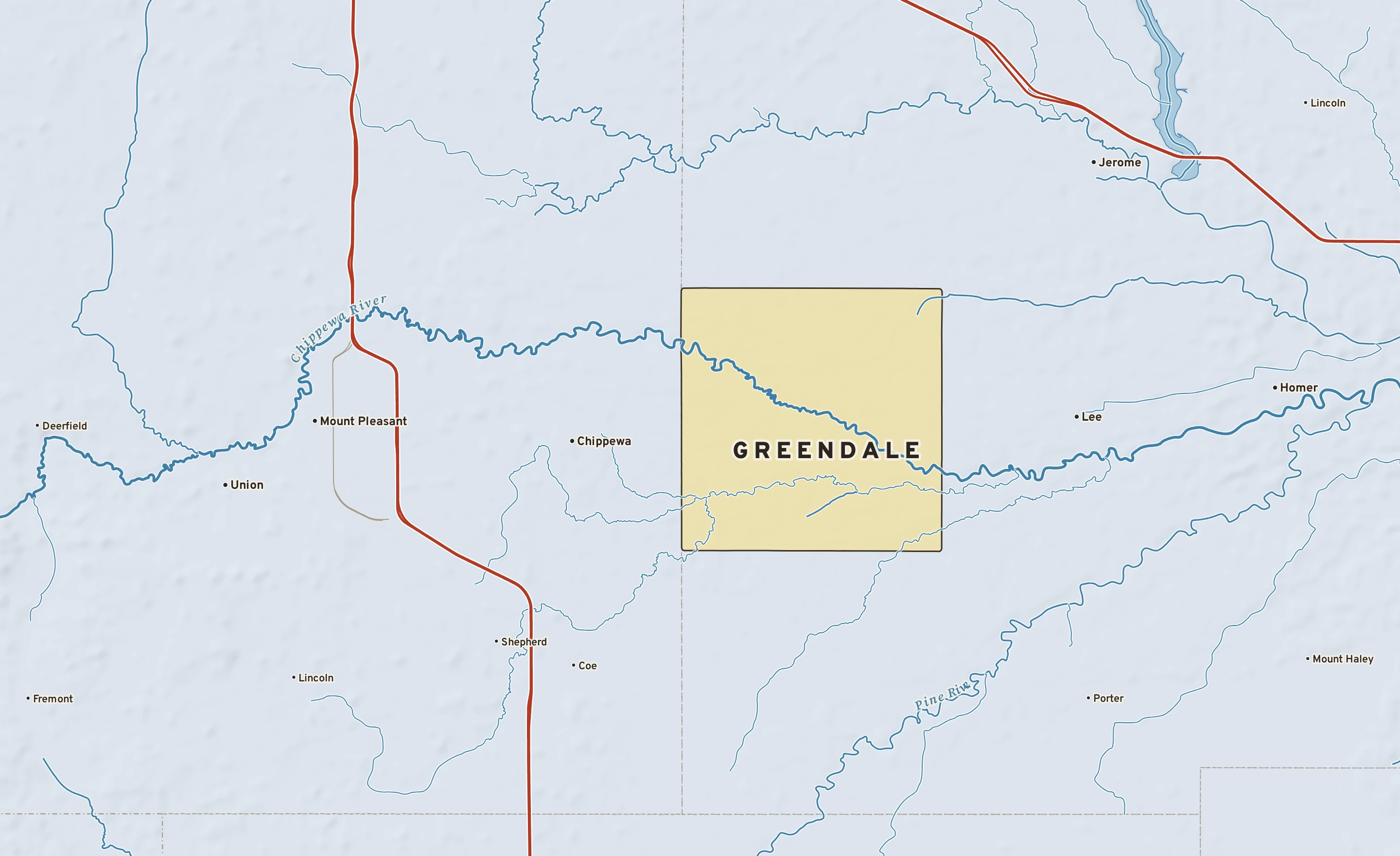 Shaded-relief atlas plate of Greendale, Michigan: rivers, roads, the city limits and where the water drains.
