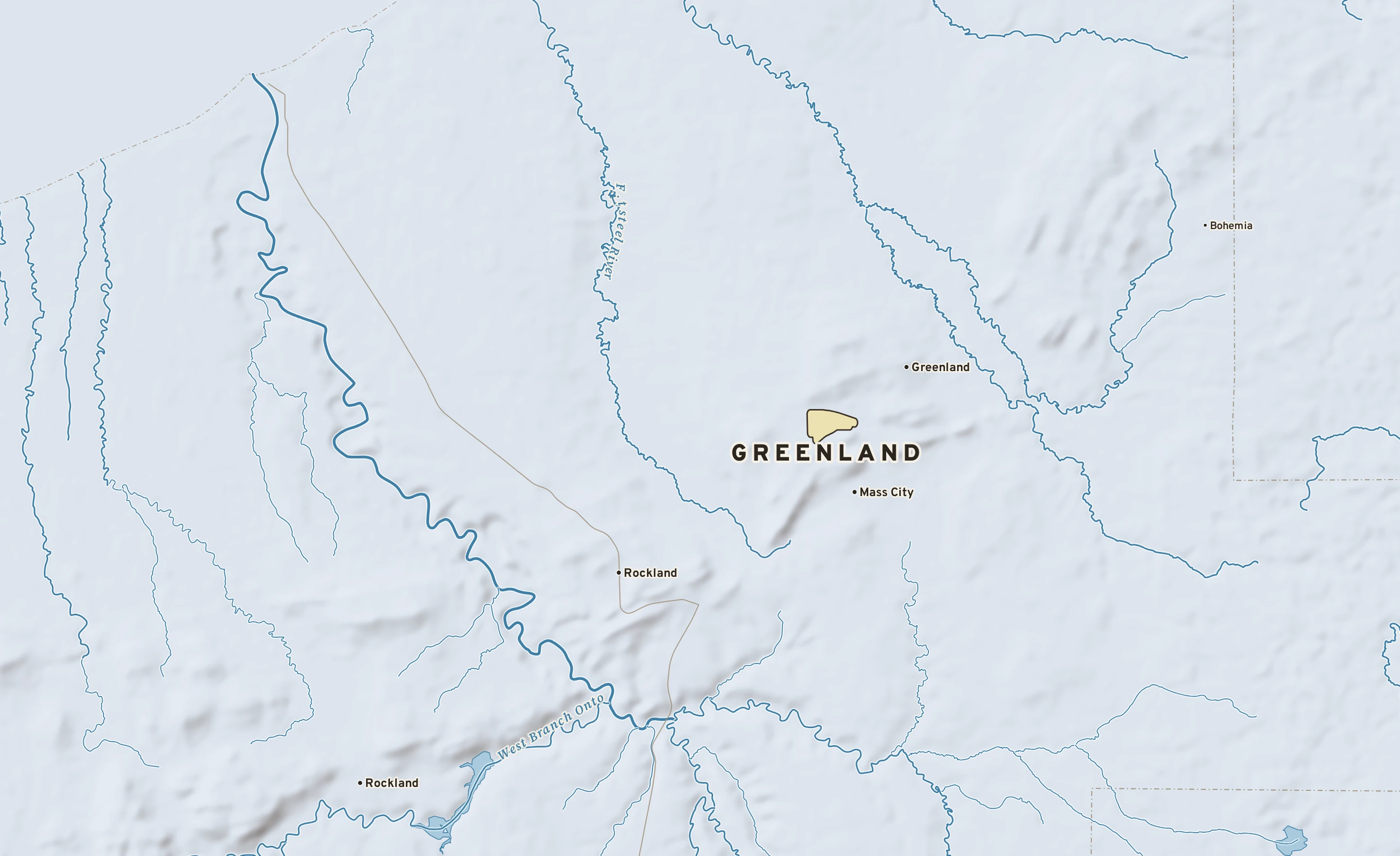 Shaded-relief atlas plate of Greenland, Michigan: rivers, roads, the city limits and where the water drains.