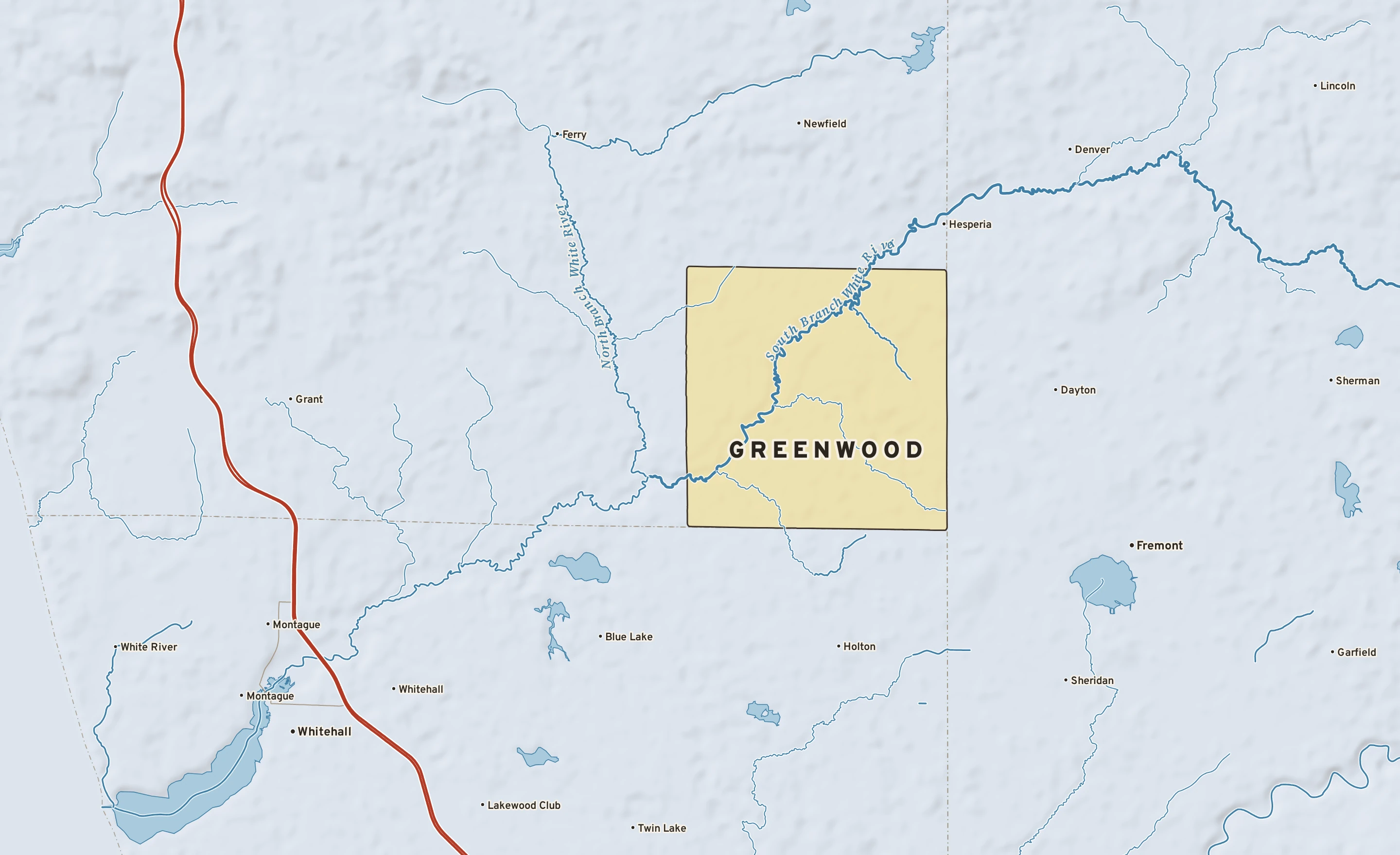 Shaded-relief atlas plate of Greenwood, Michigan: rivers, roads, the city limits and where the water drains.