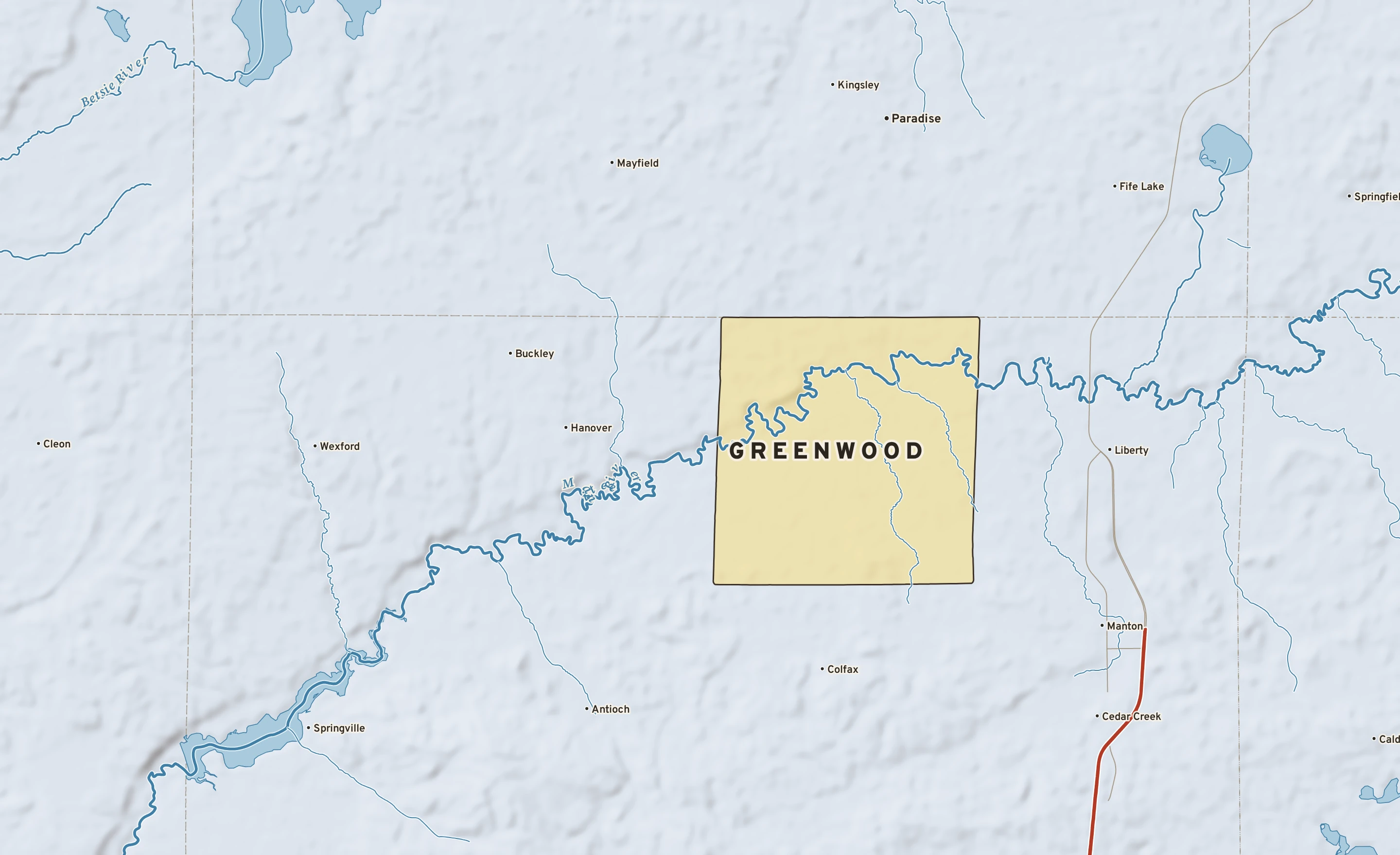 Shaded-relief atlas plate of Greenwood, Michigan: rivers, roads, the city limits and where the water drains.