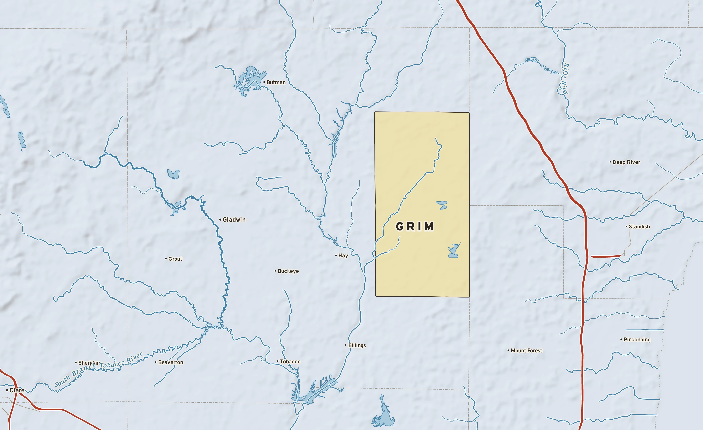 Shaded-relief atlas plate of Grim, Michigan: rivers, roads, the city limits and where the water drains.