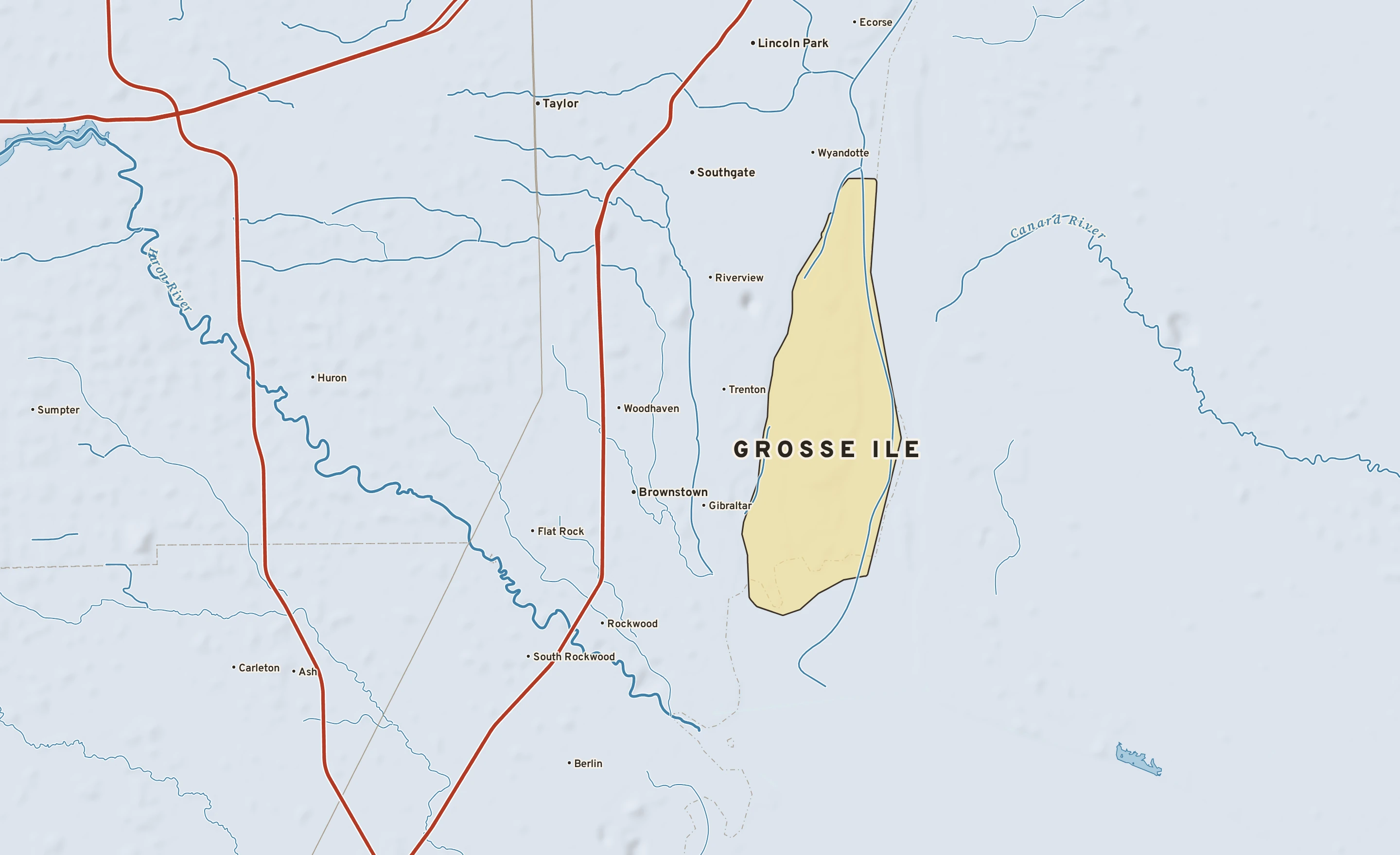 Shaded-relief atlas plate of Grosse Ile, Michigan: rivers, roads, the city limits and where the water drains.
