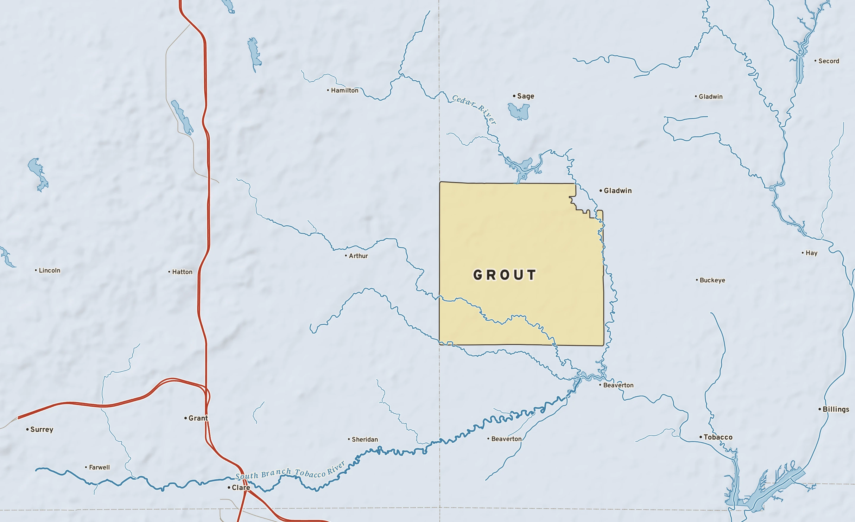 Shaded-relief atlas plate of Grout, Michigan: rivers, roads, the city limits and where the water drains.