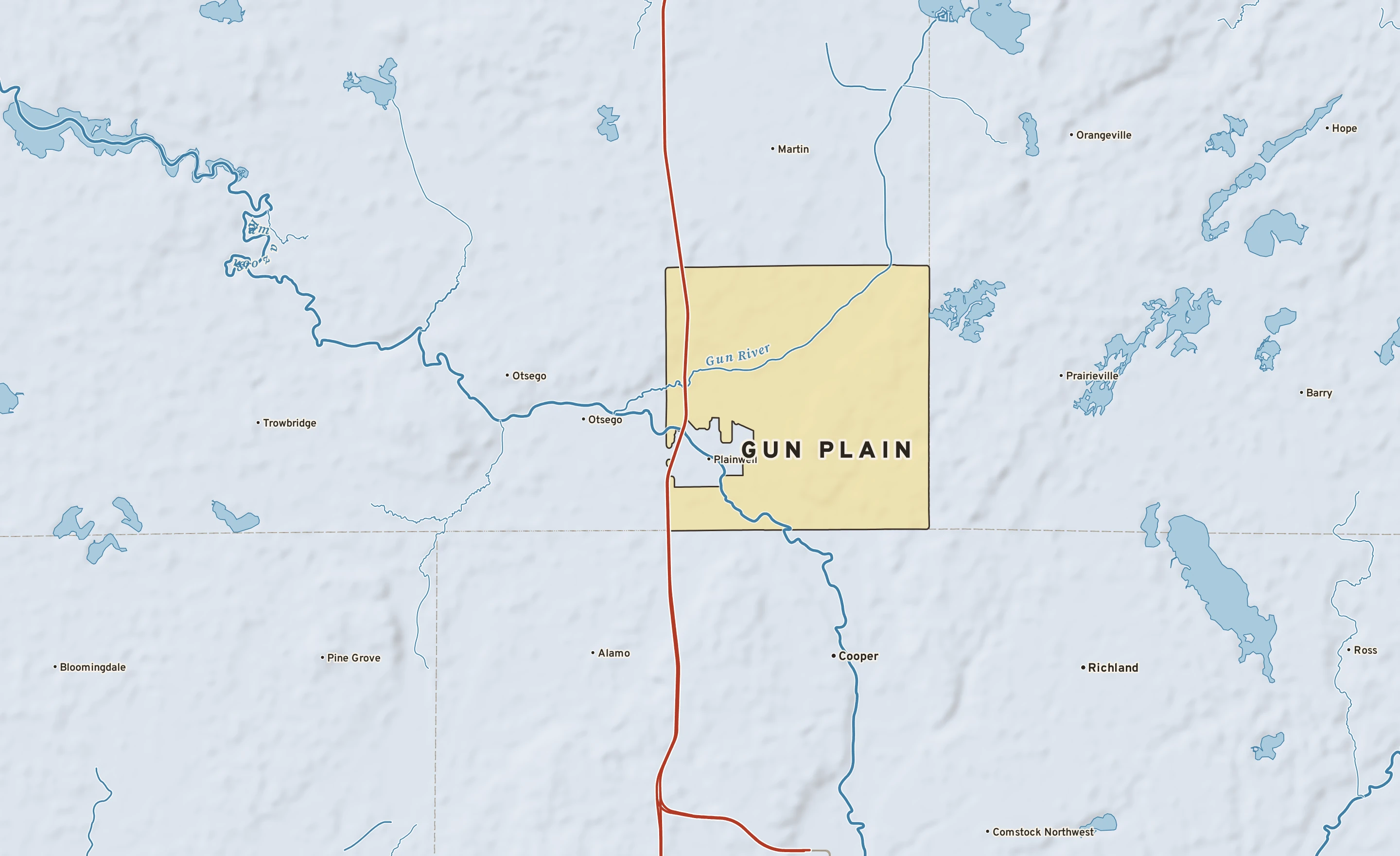 Shaded-relief atlas plate of Gun Plain, Michigan: rivers, roads, the city limits and where the water drains.