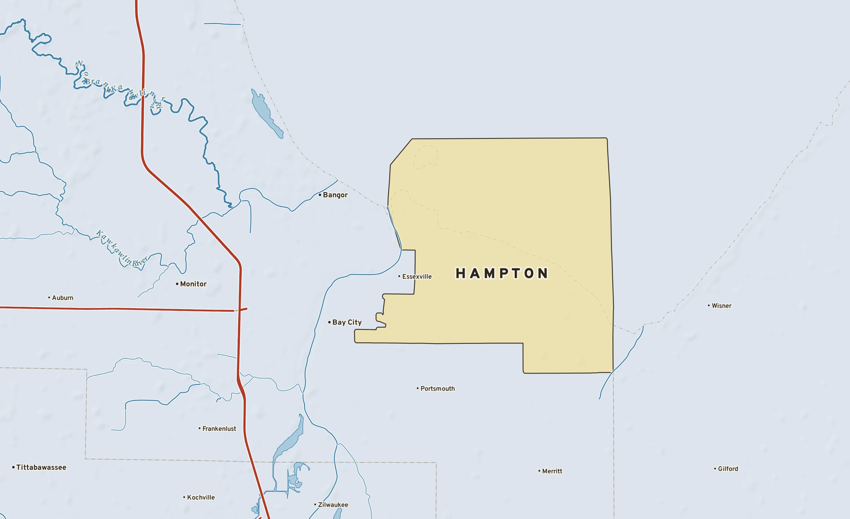 Shaded-relief atlas plate of Hampton, Michigan: rivers, roads, the city limits and where the water drains.
