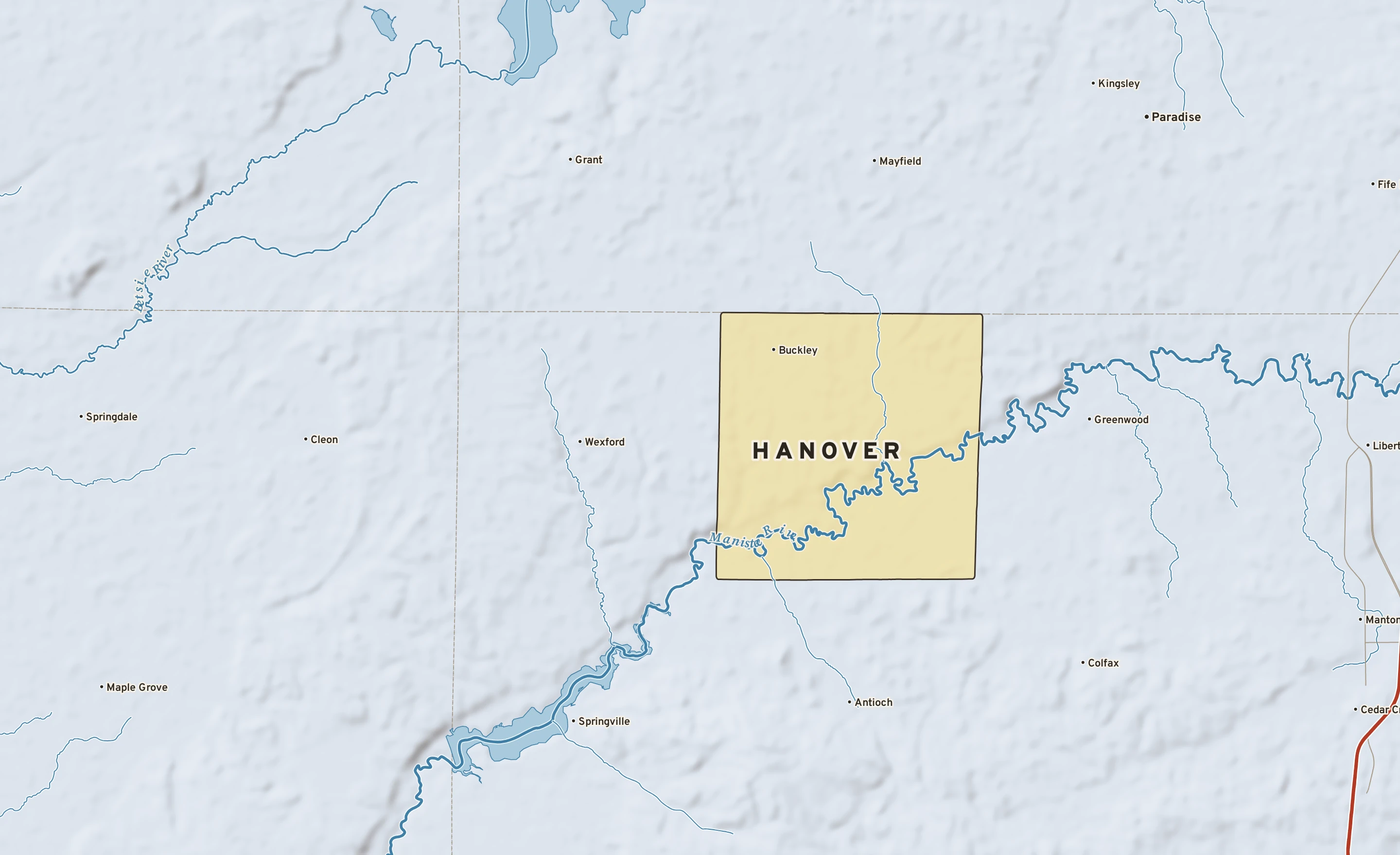 Shaded-relief atlas plate of Hanover, Michigan: rivers, roads, the city limits and where the water drains.