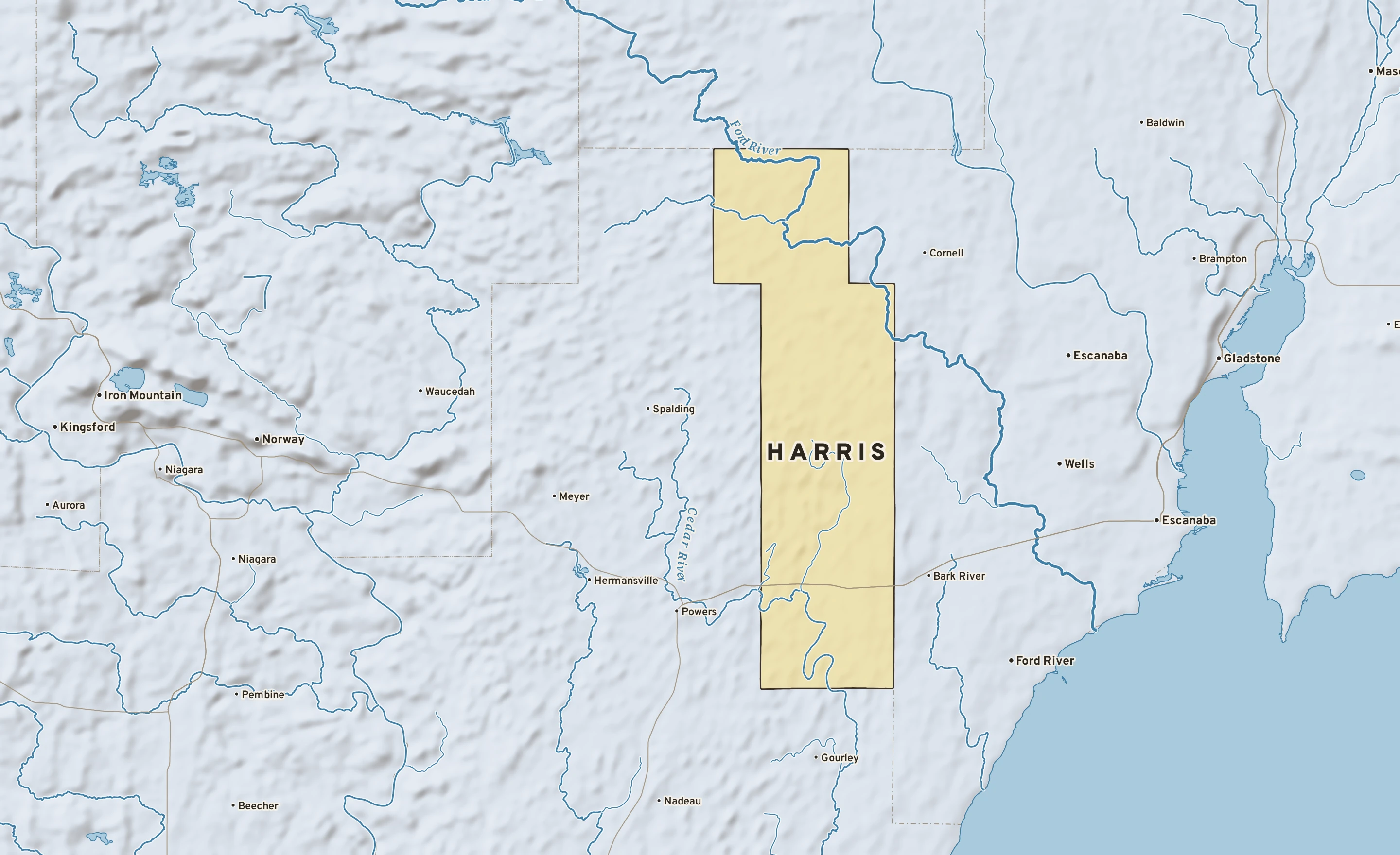Shaded-relief atlas plate of Harris, Michigan: rivers, roads, the city limits and where the water drains.