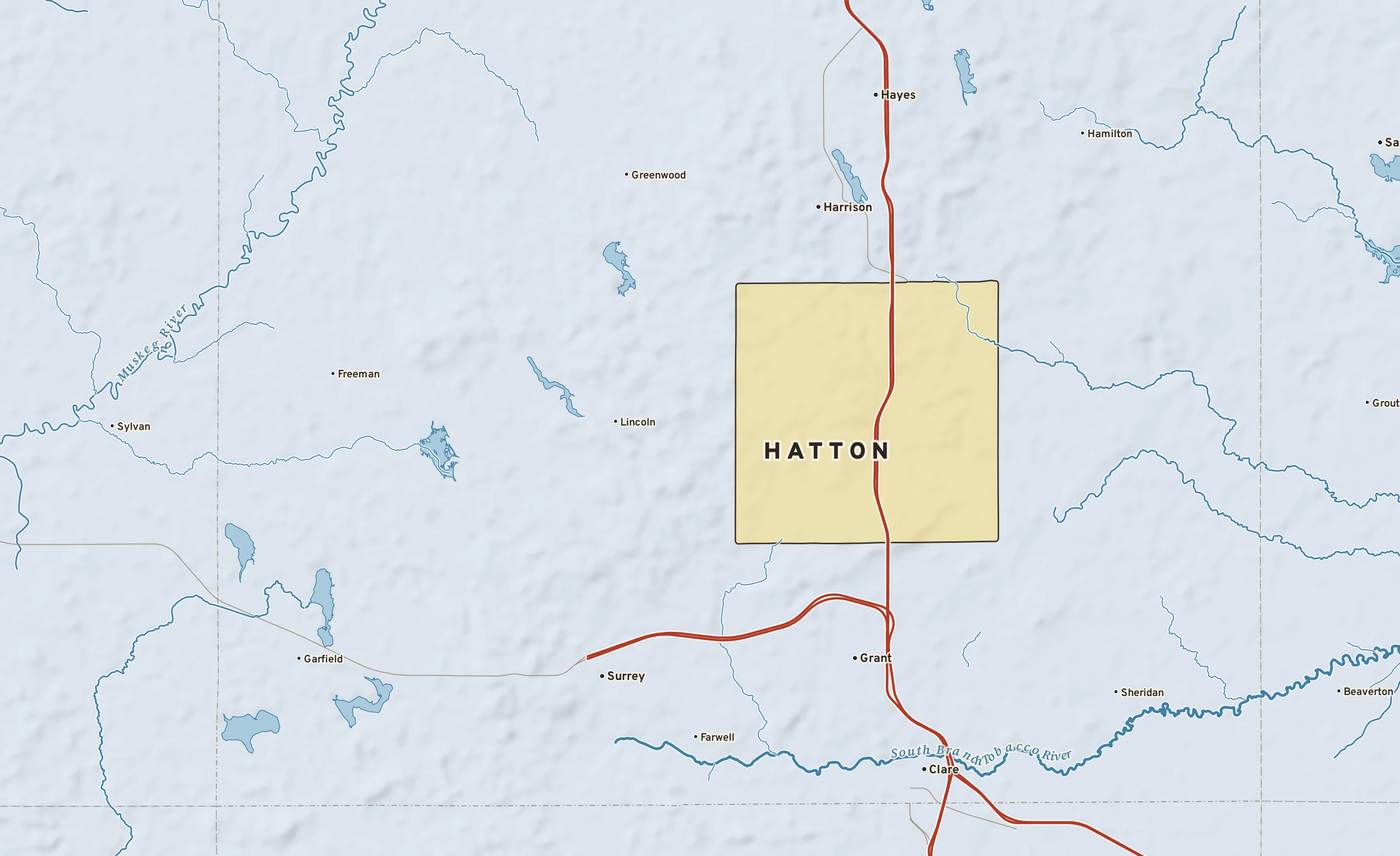 Shaded-relief atlas plate of Hatton, Michigan: rivers, roads, the city limits and where the water drains.