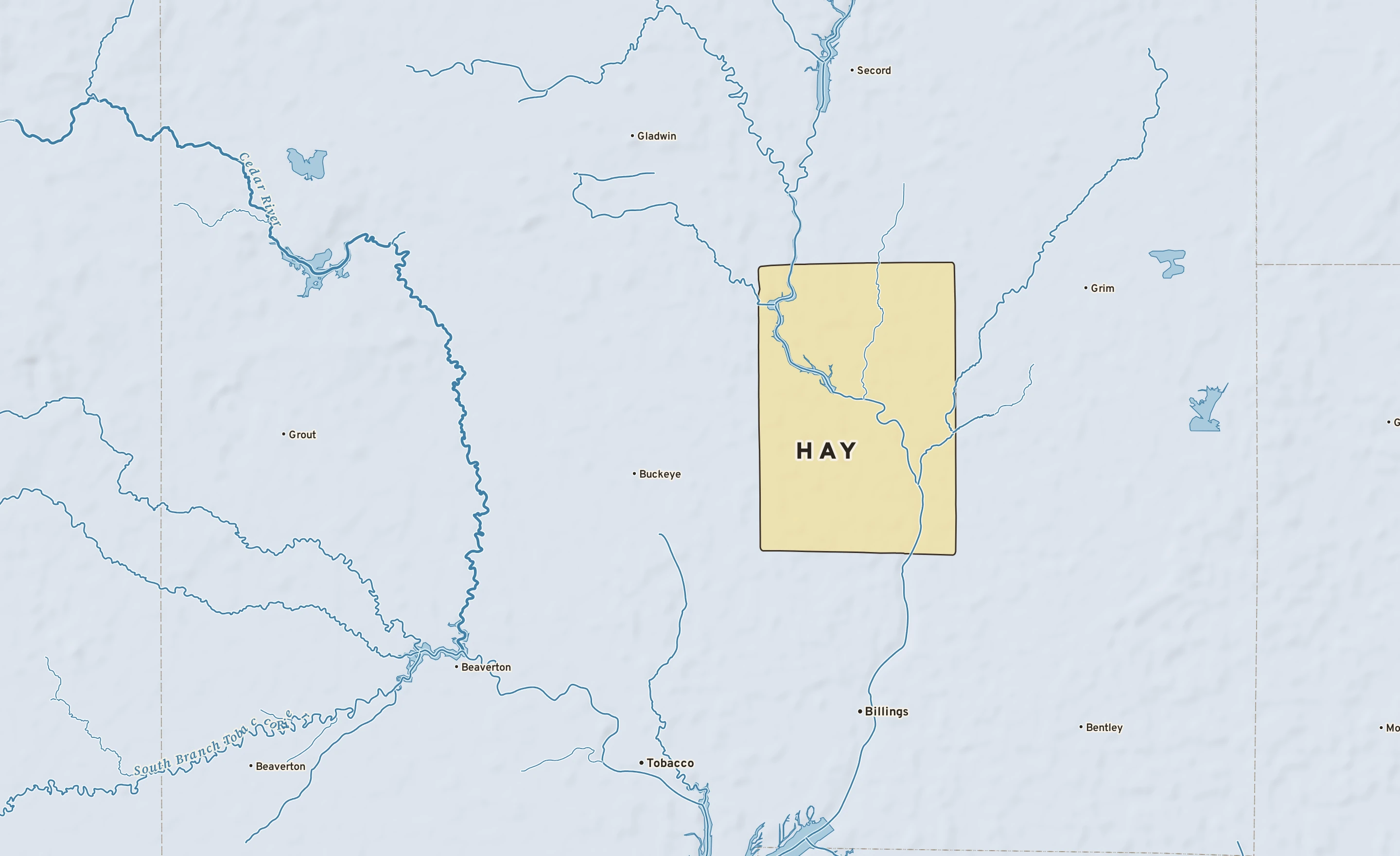 Shaded-relief atlas plate of Hay, Michigan: rivers, roads, the city limits and where the water drains.