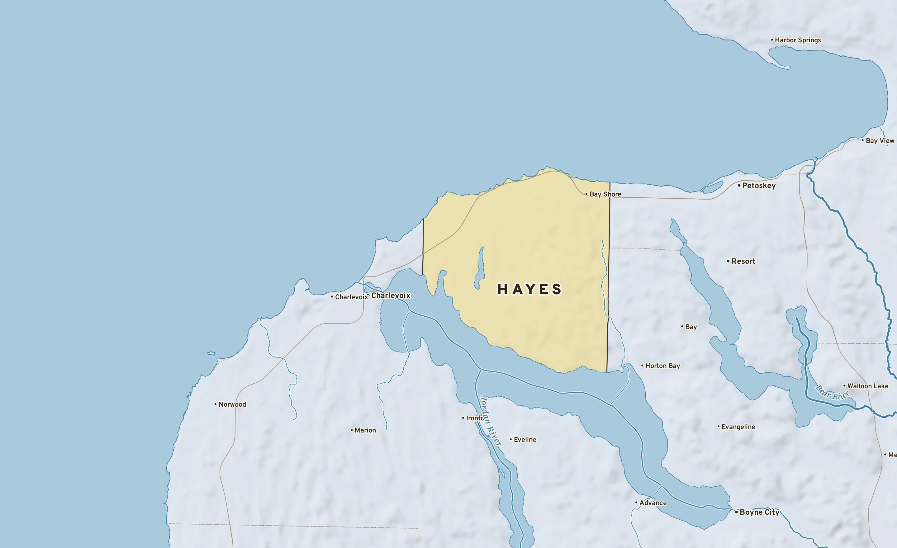 Shaded-relief atlas plate of Hayes, Michigan: rivers, roads, the city limits and where the water drains.
