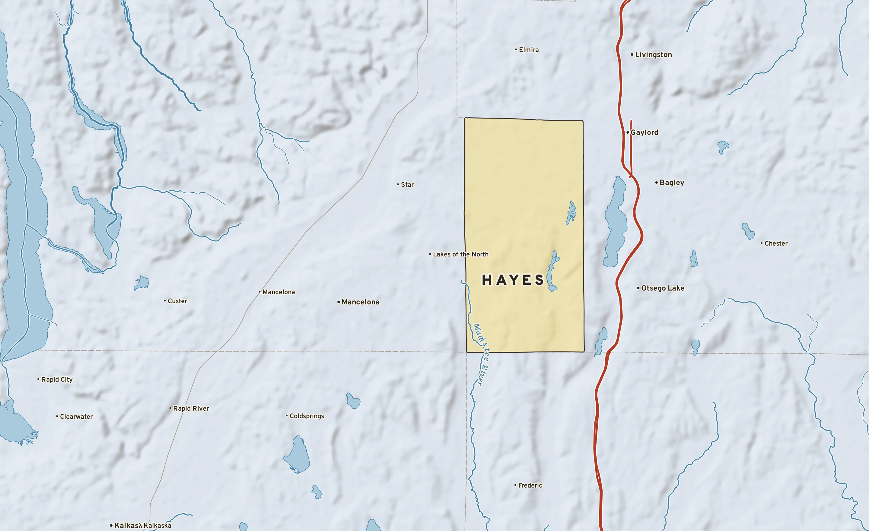 Shaded-relief atlas plate of Hayes, Michigan: rivers, roads, the city limits and where the water drains.