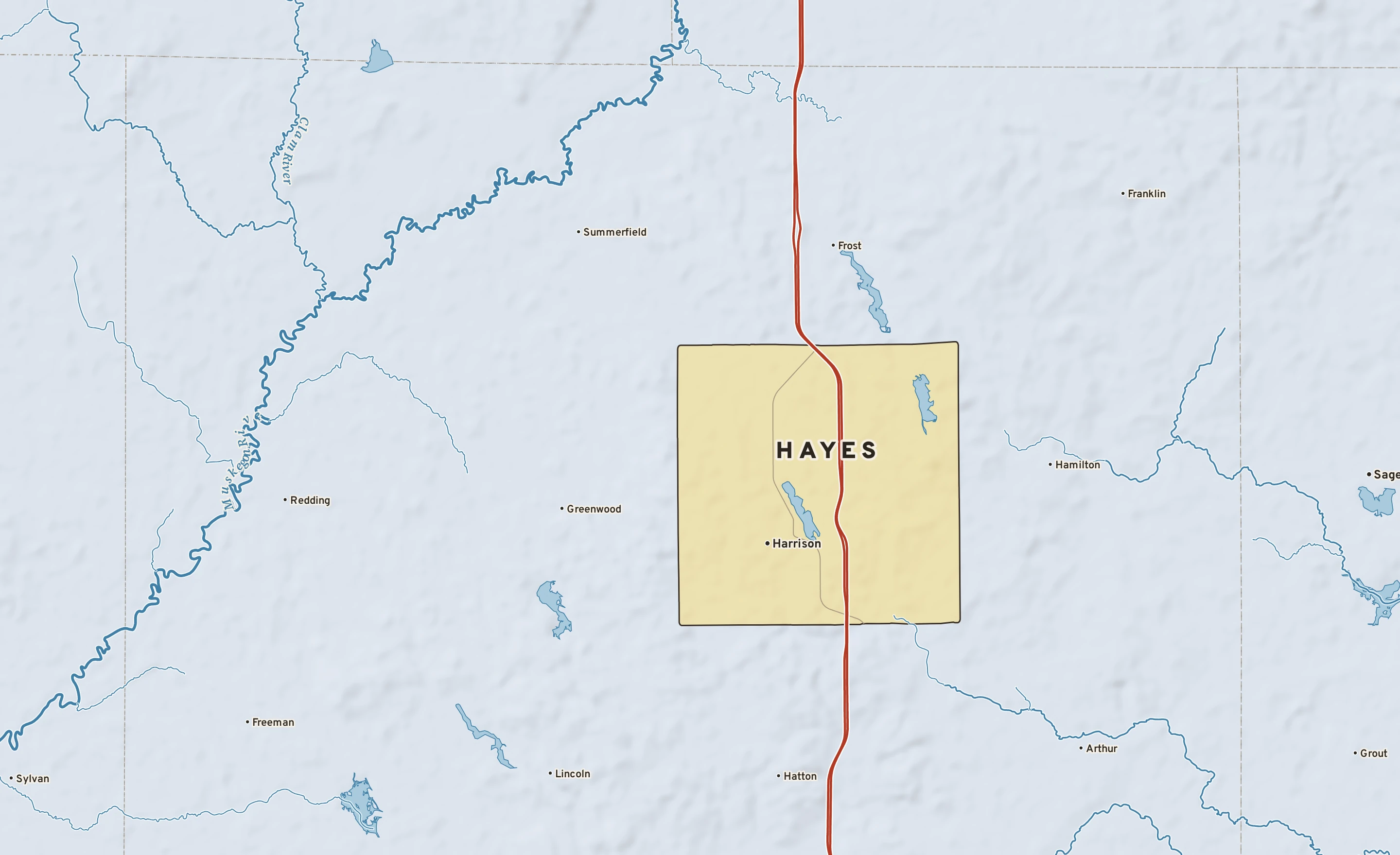 Shaded-relief atlas plate of Hayes, Michigan: rivers, roads, the city limits and where the water drains.