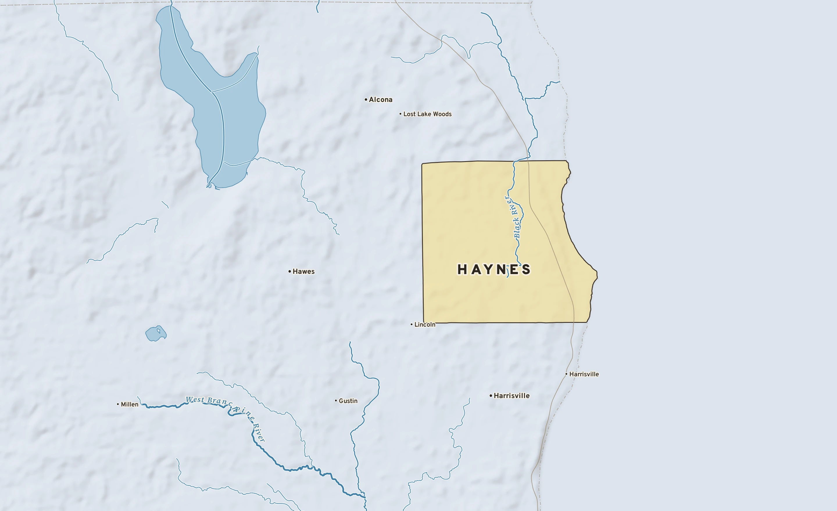 Shaded-relief atlas plate of Haynes, Michigan: rivers, roads, the city limits and where the water drains.