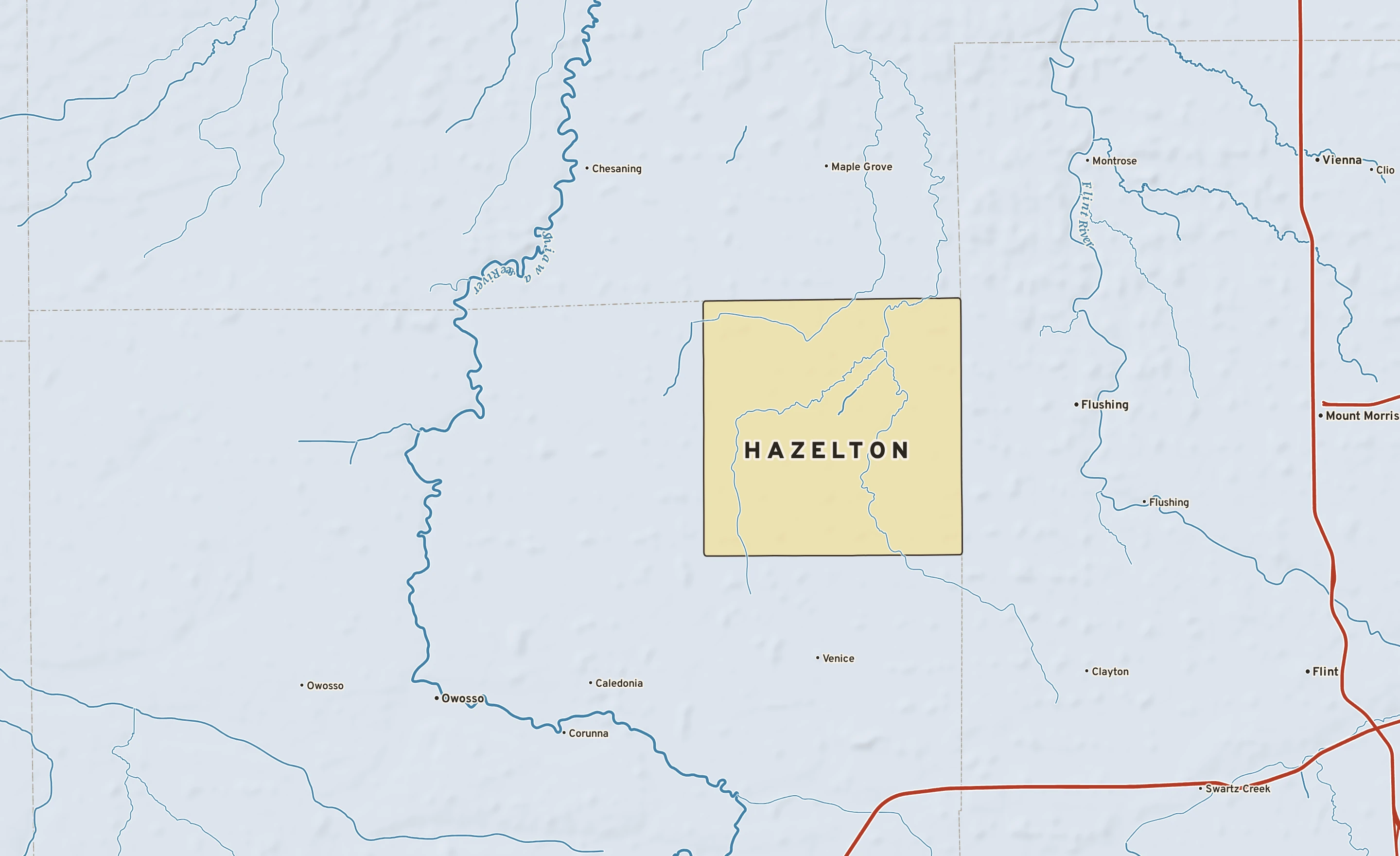 Shaded-relief atlas plate of Hazelton, Michigan: rivers, roads, the city limits and where the water drains.