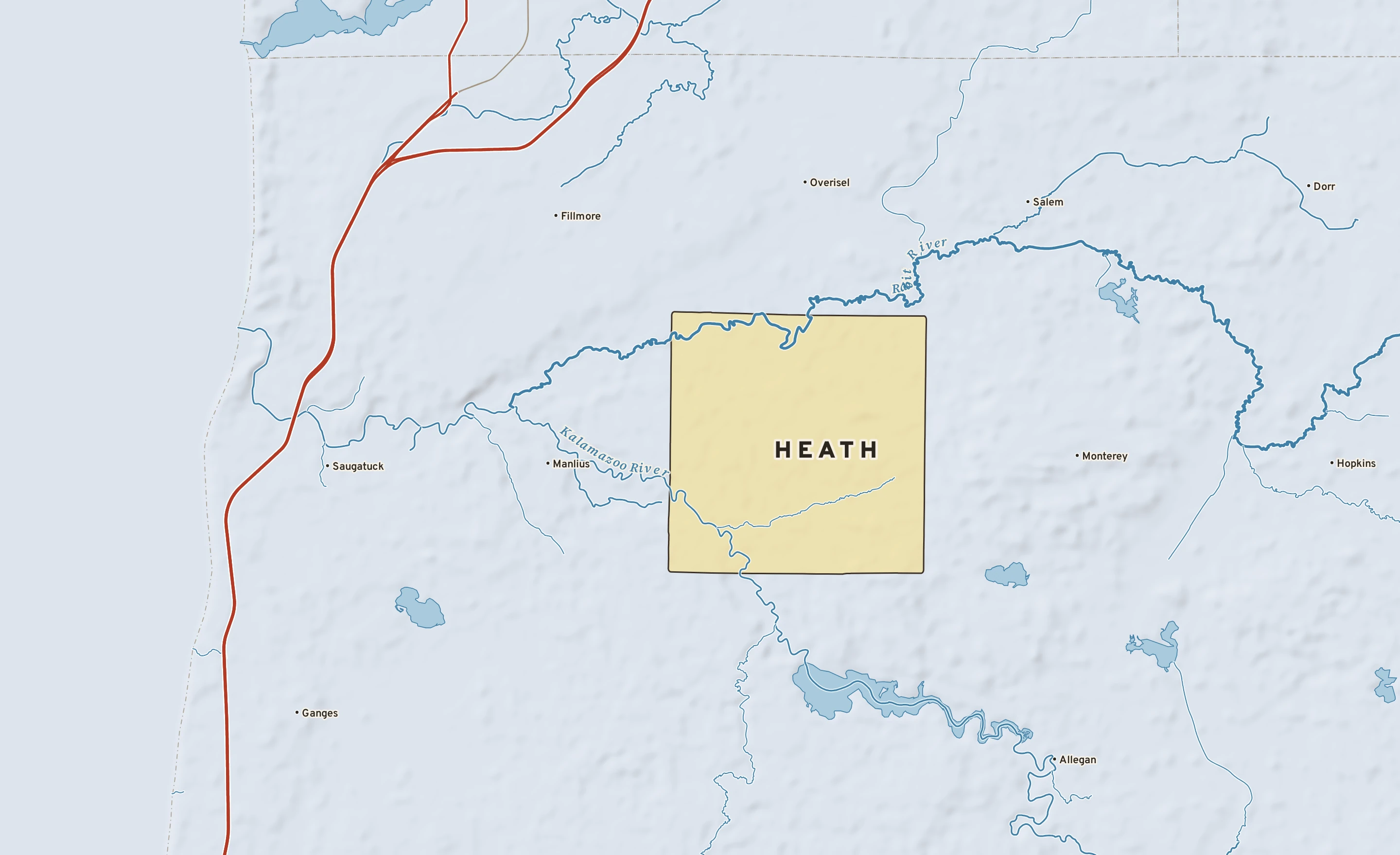 Shaded-relief atlas plate of Heath, Michigan: rivers, roads, the city limits and where the water drains.