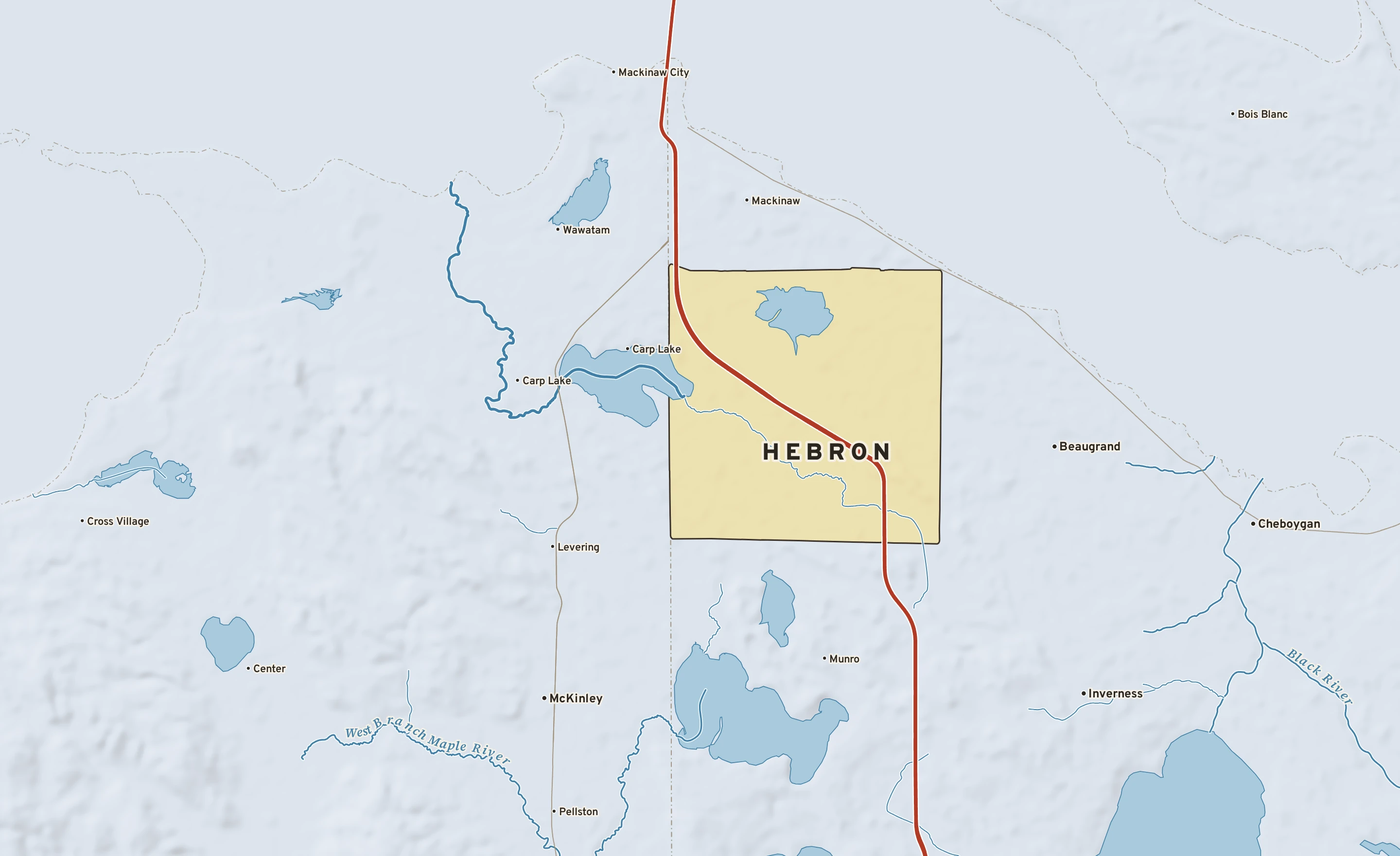 Shaded-relief atlas plate of Hebron, Michigan: rivers, roads, the city limits and where the water drains.