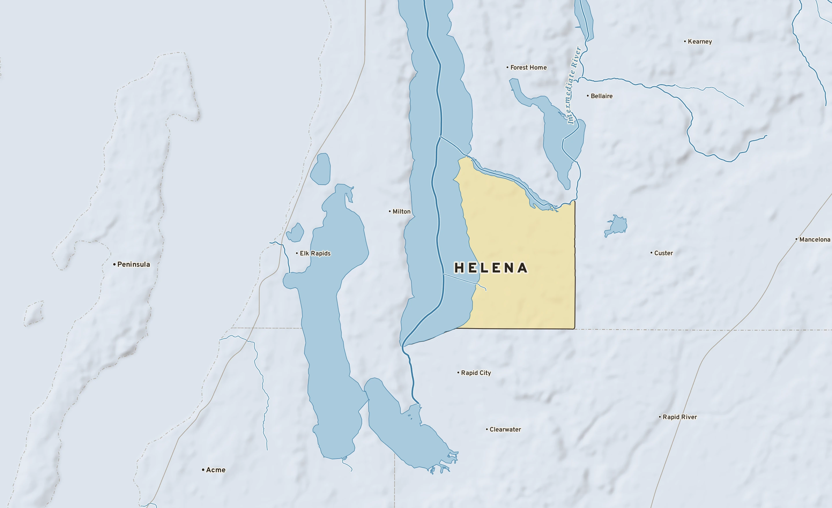 Shaded-relief atlas plate of Helena, Michigan: rivers, roads, the city limits and where the water drains.