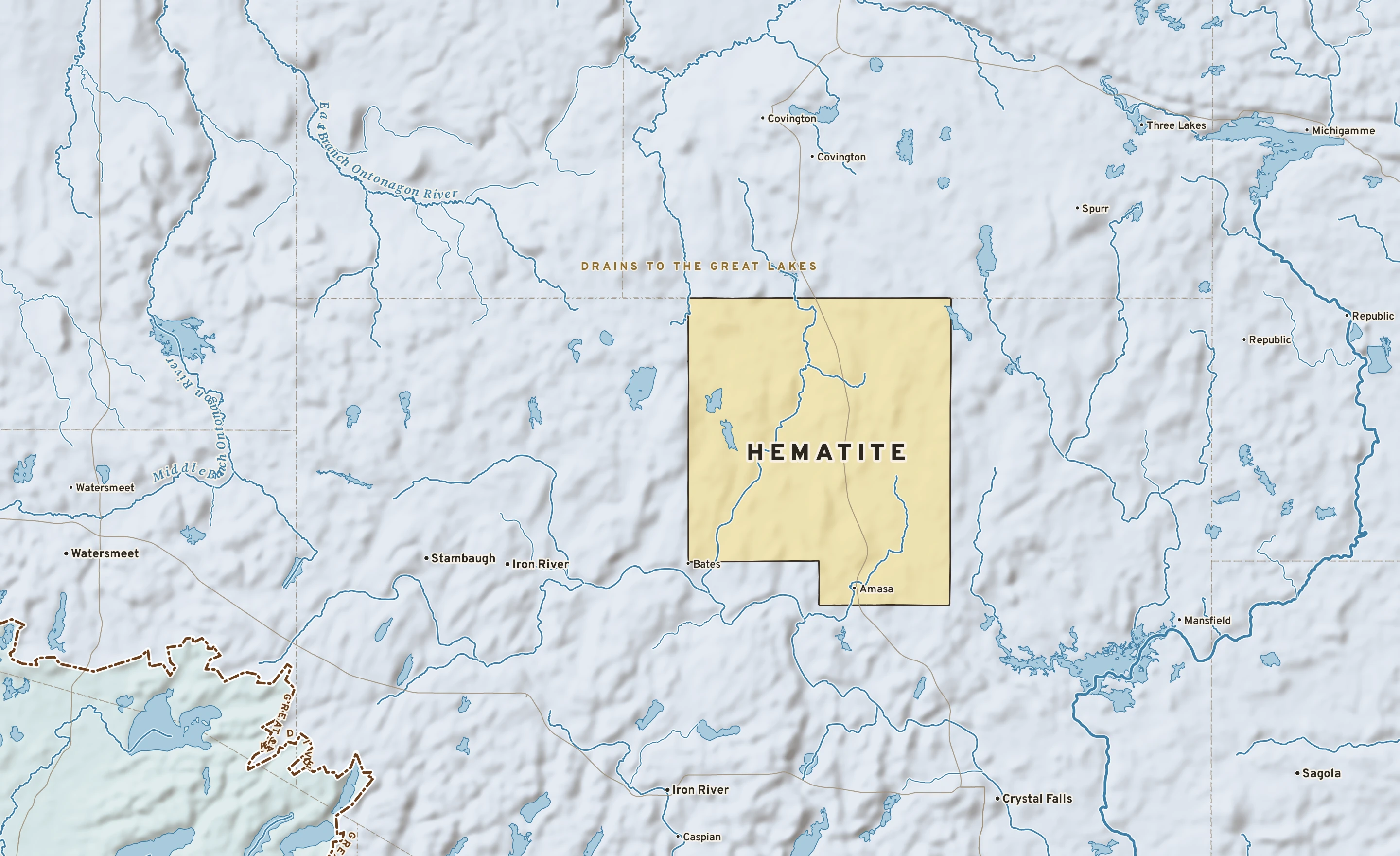 Shaded-relief atlas plate of Hematite, Michigan: rivers, roads, the city limits and where the water drains.