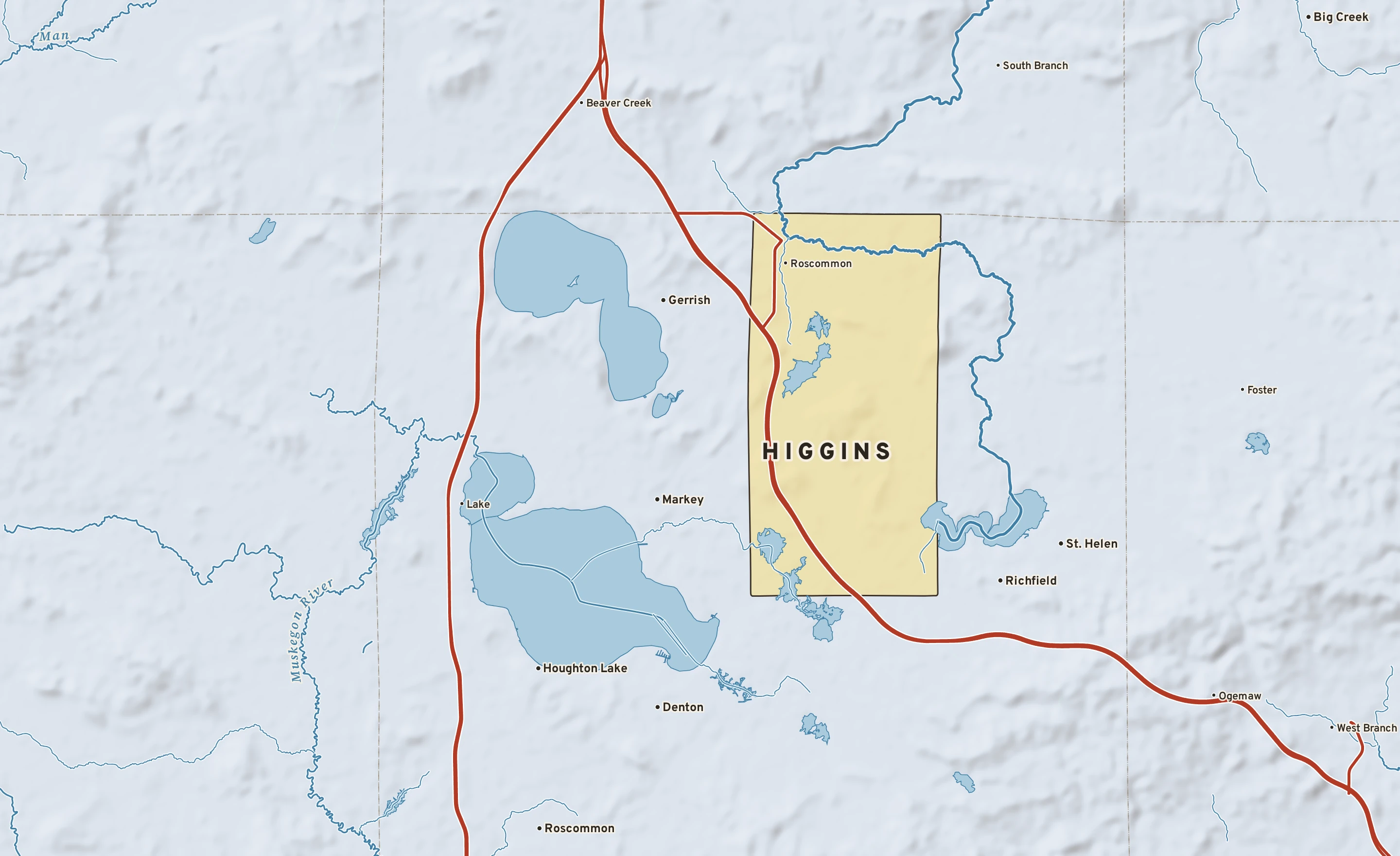 Shaded-relief atlas plate of Higgins, Michigan: rivers, roads, the city limits and where the water drains.