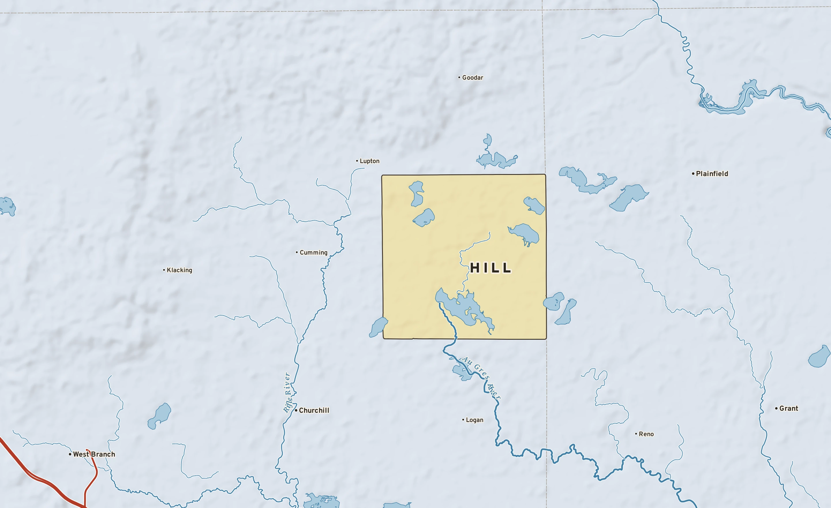 Shaded-relief atlas plate of Hill, Michigan: rivers, roads, the city limits and where the water drains.