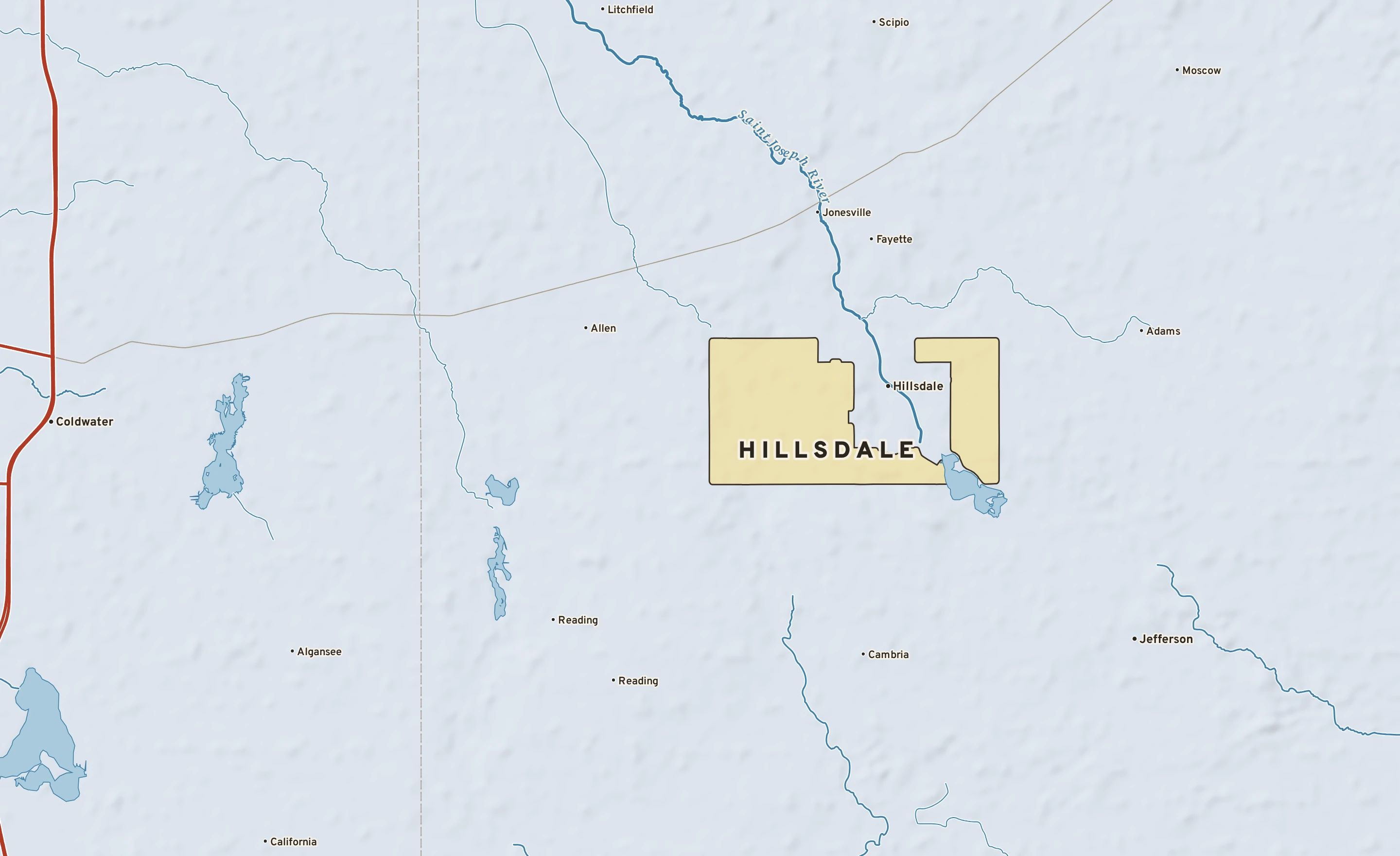 Shaded-relief atlas plate of Hillsdale, Michigan: rivers, roads, the city limits and where the water drains.