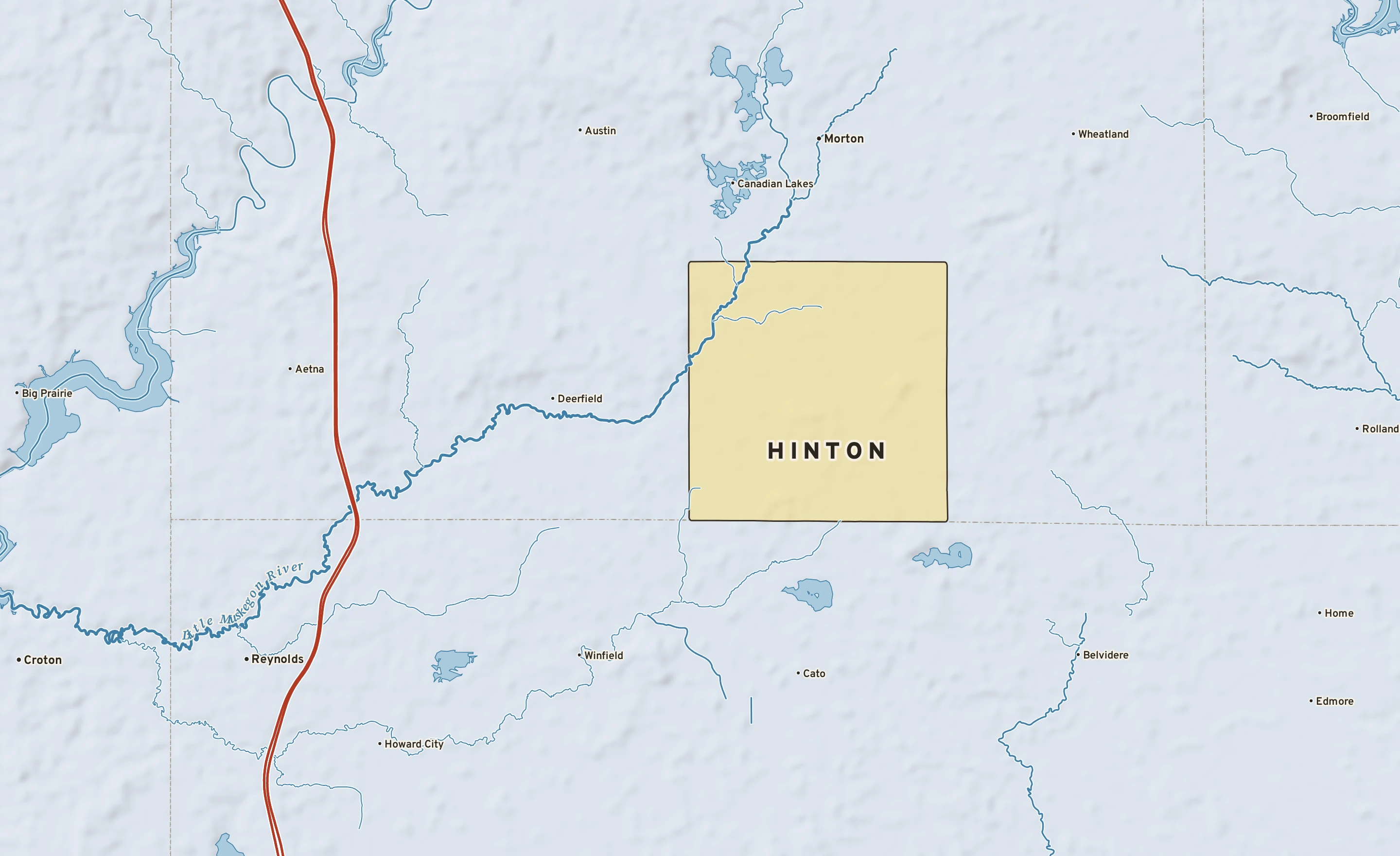 Shaded-relief atlas plate of Hinton, Michigan: rivers, roads, the city limits and where the water drains.