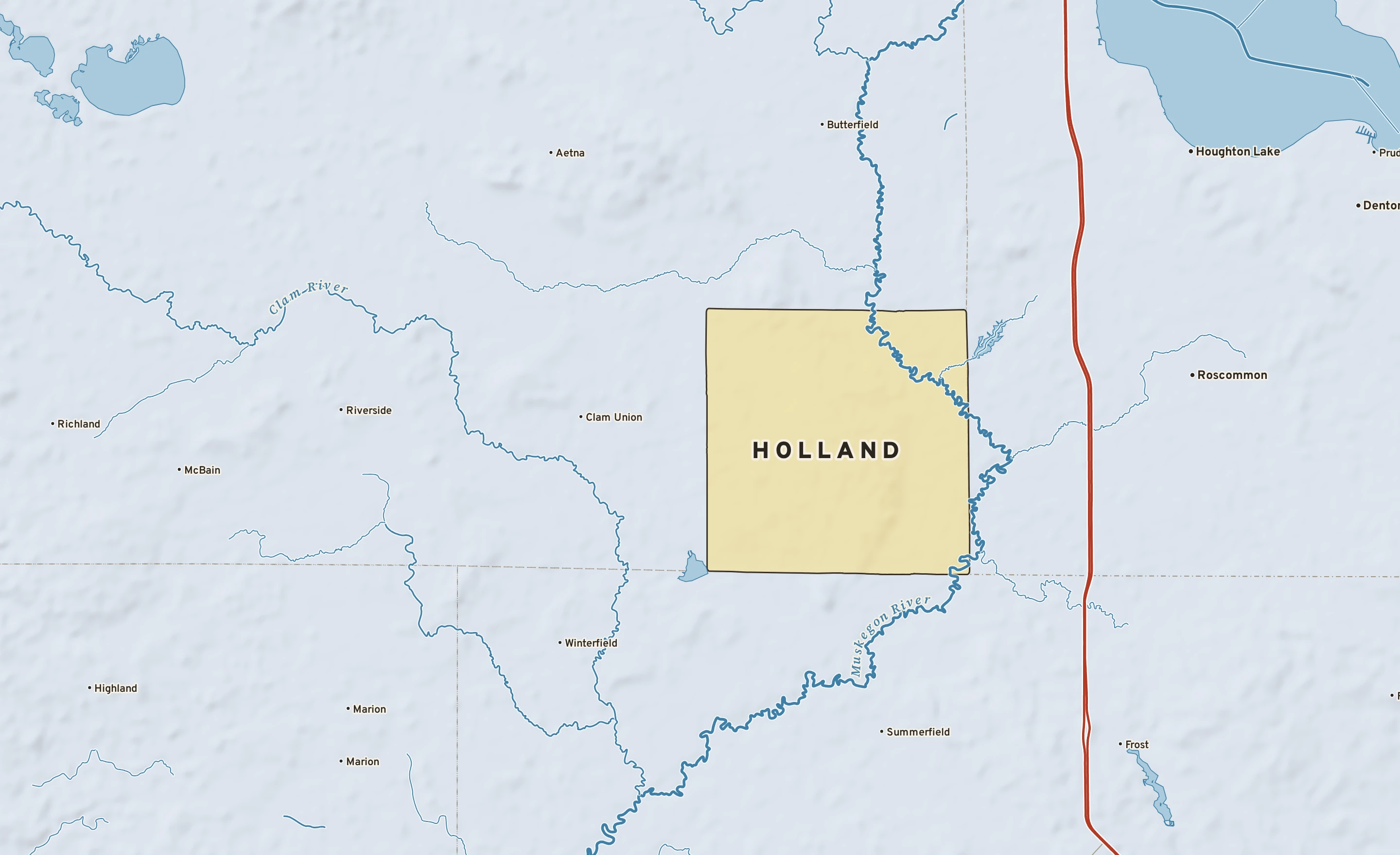 Shaded-relief atlas plate of Holland, Michigan: rivers, roads, the city limits and where the water drains.