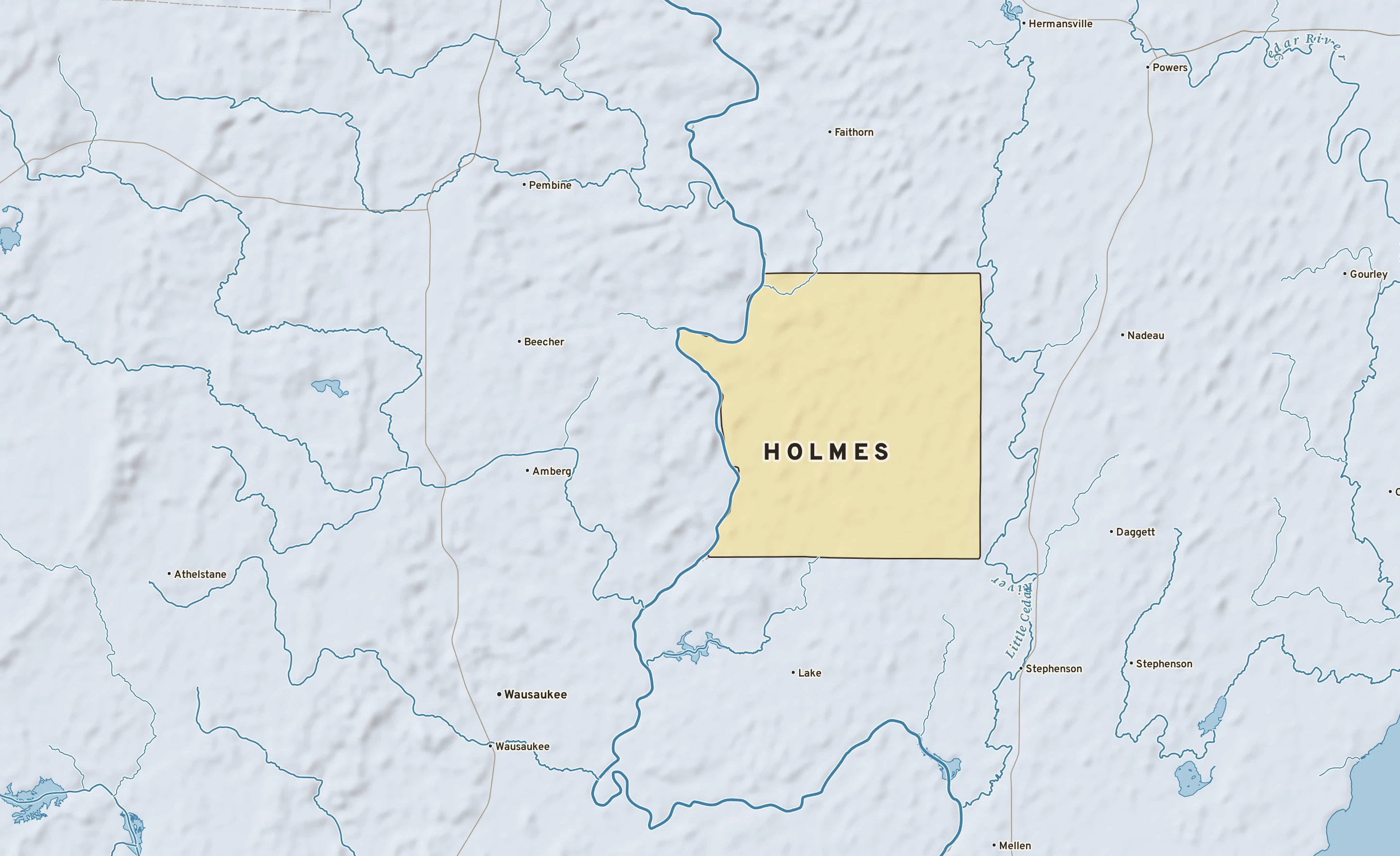Shaded-relief atlas plate of Holmes, Michigan: rivers, roads, the city limits and where the water drains.