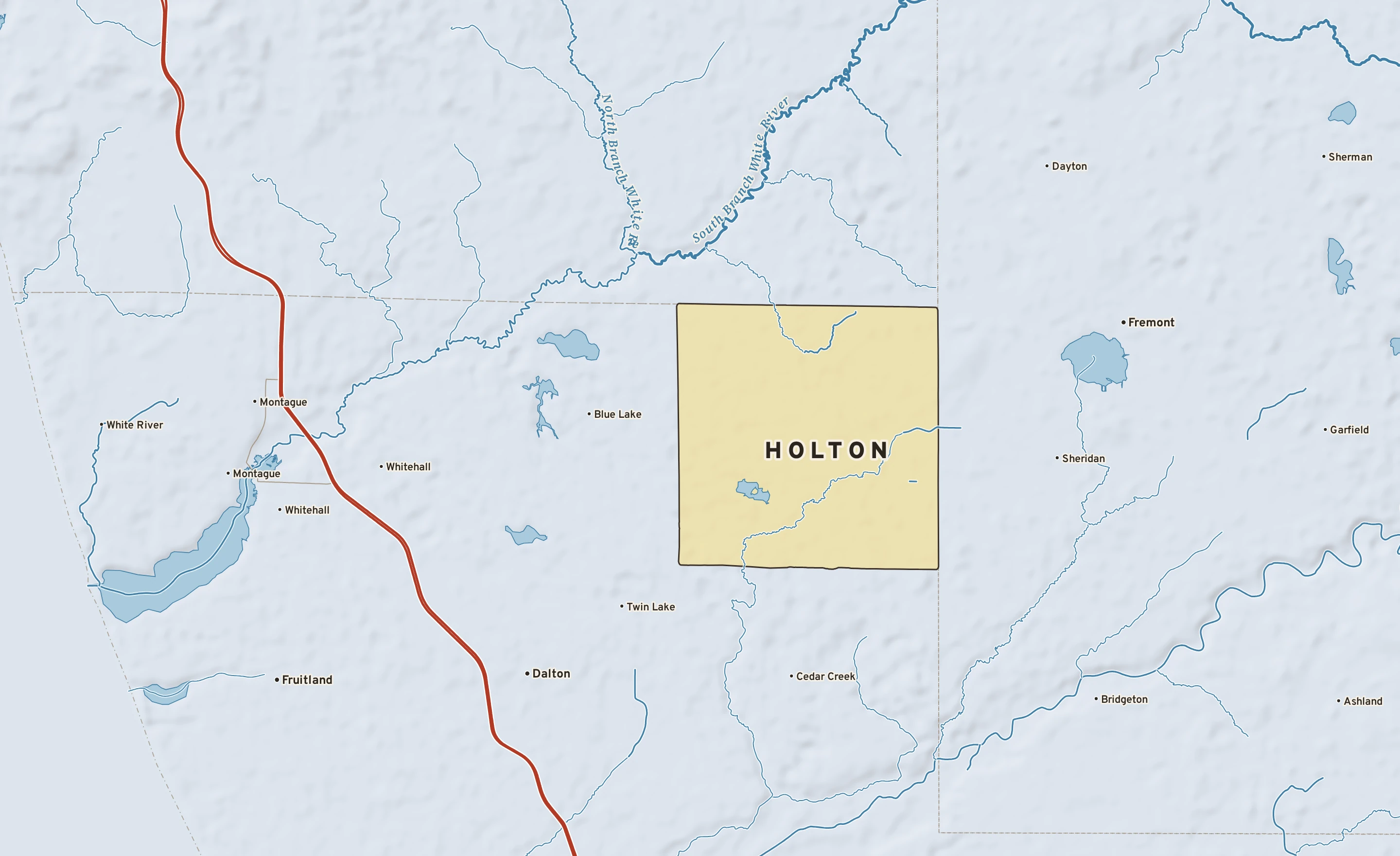 Shaded-relief atlas plate of Holton, Michigan: rivers, roads, the city limits and where the water drains.