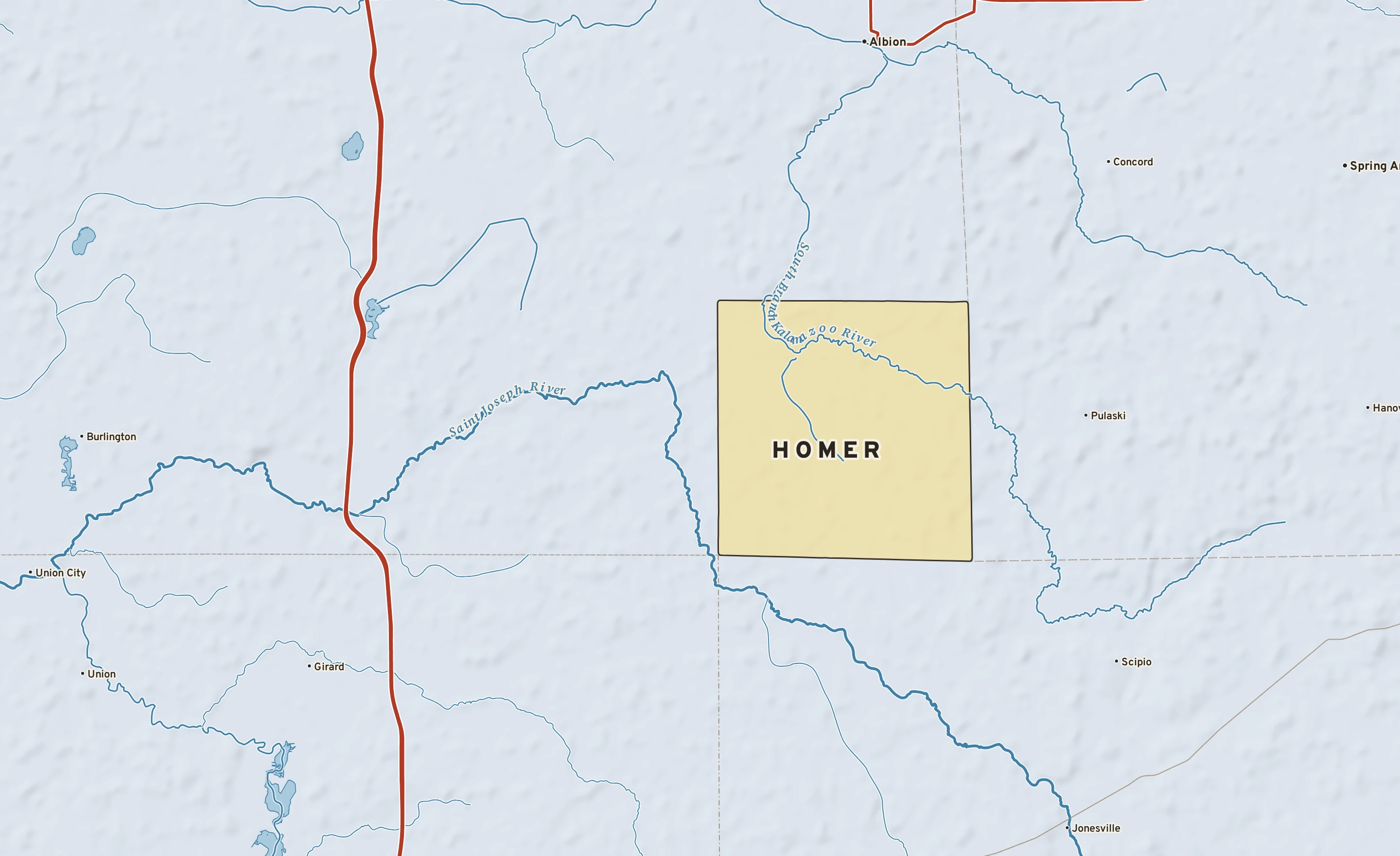 Shaded-relief atlas plate of Homer, Michigan: rivers, roads, the city limits and where the water drains.