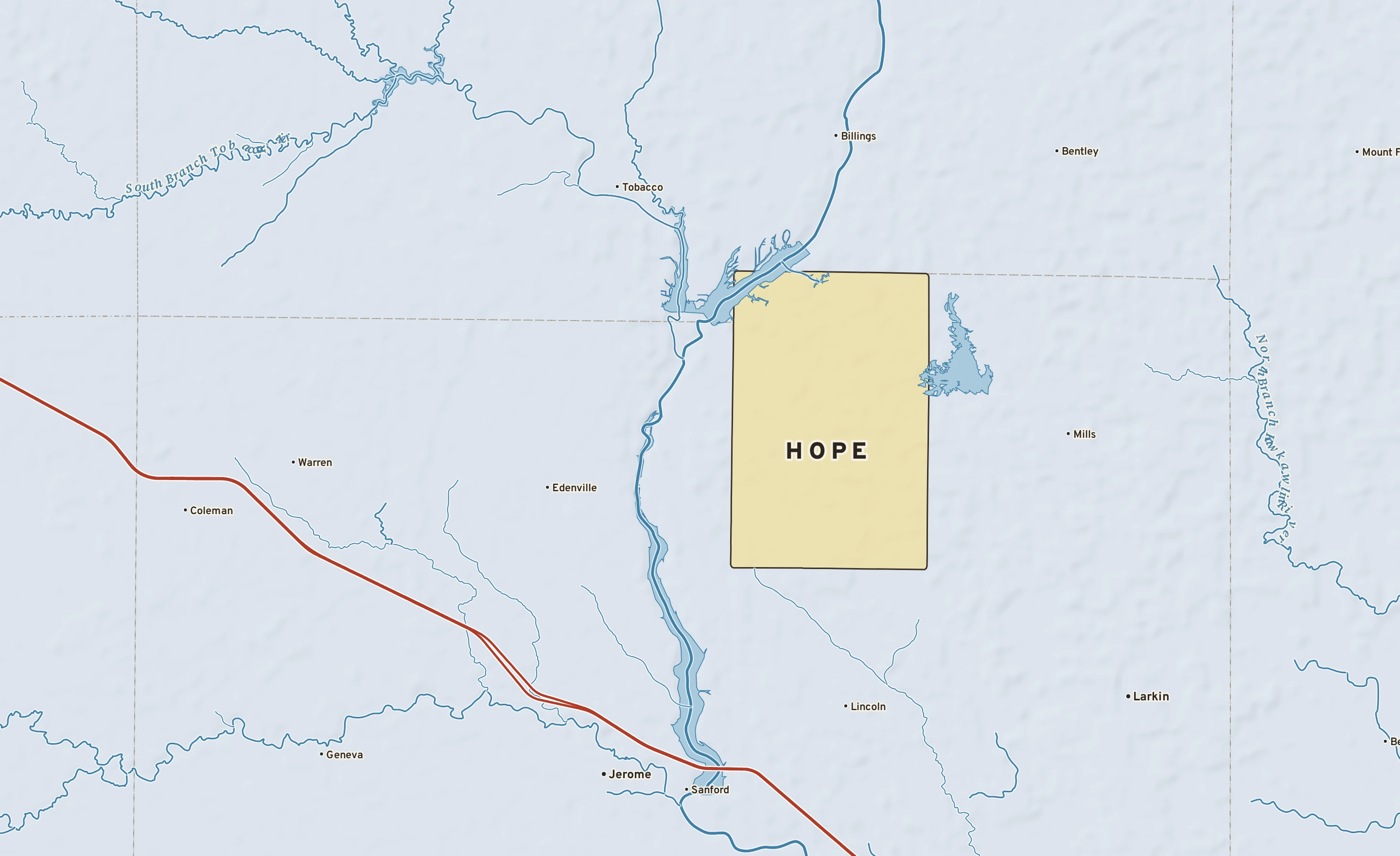 Shaded-relief atlas plate of Hope, Michigan: rivers, roads, the city limits and where the water drains.