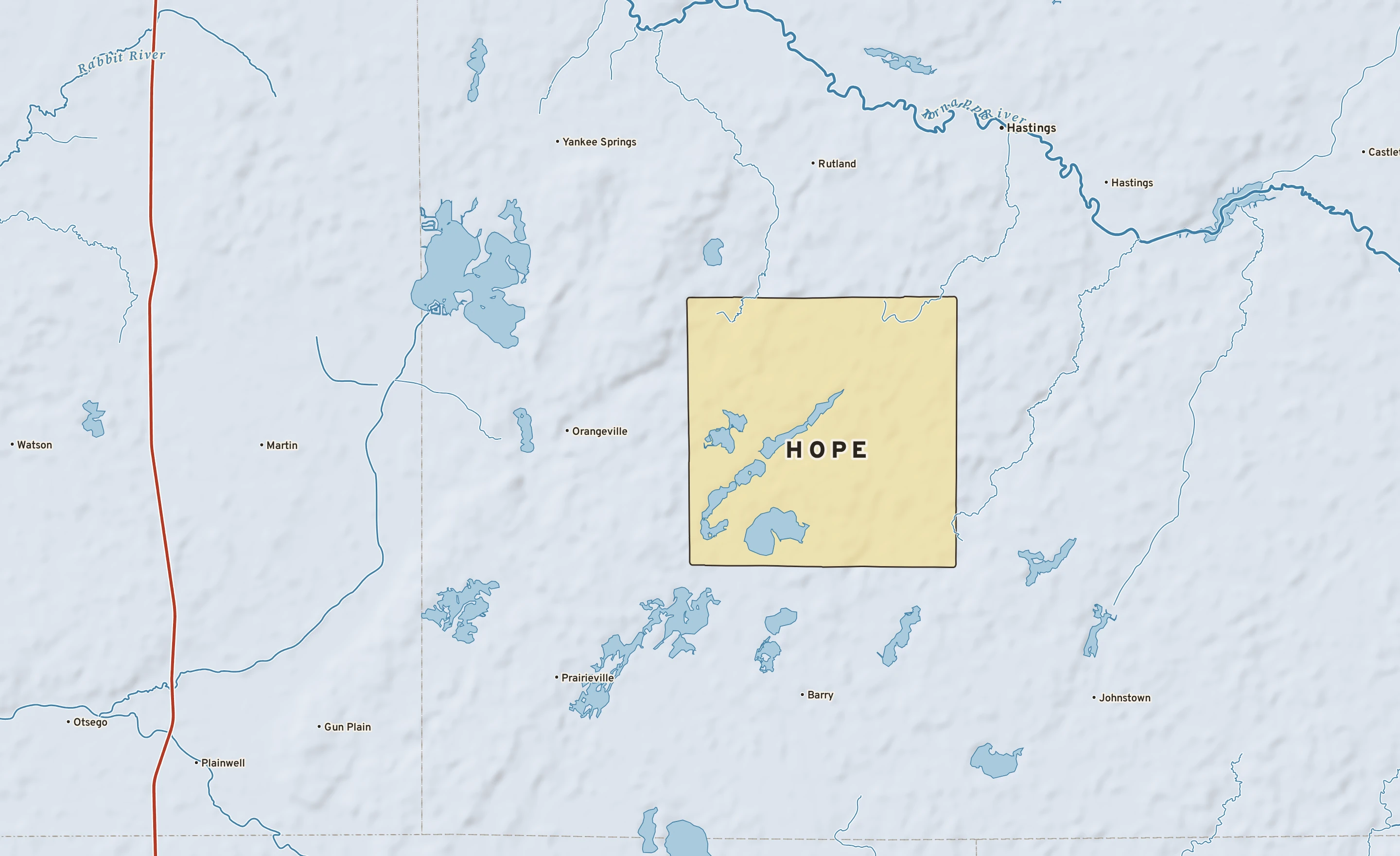 Shaded-relief atlas plate of Hope, Michigan: rivers, roads, the city limits and where the water drains.