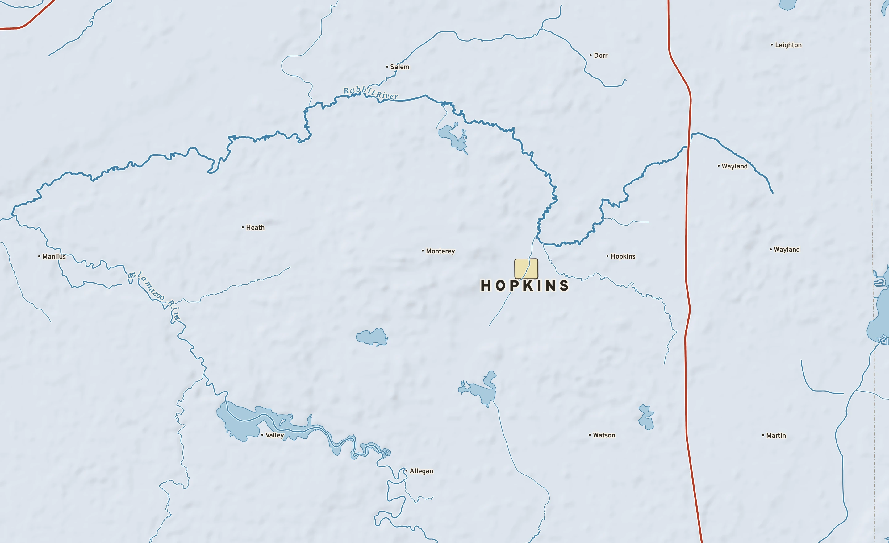 Shaded-relief atlas plate of Hopkins, Michigan: rivers, roads, the city limits and where the water drains.