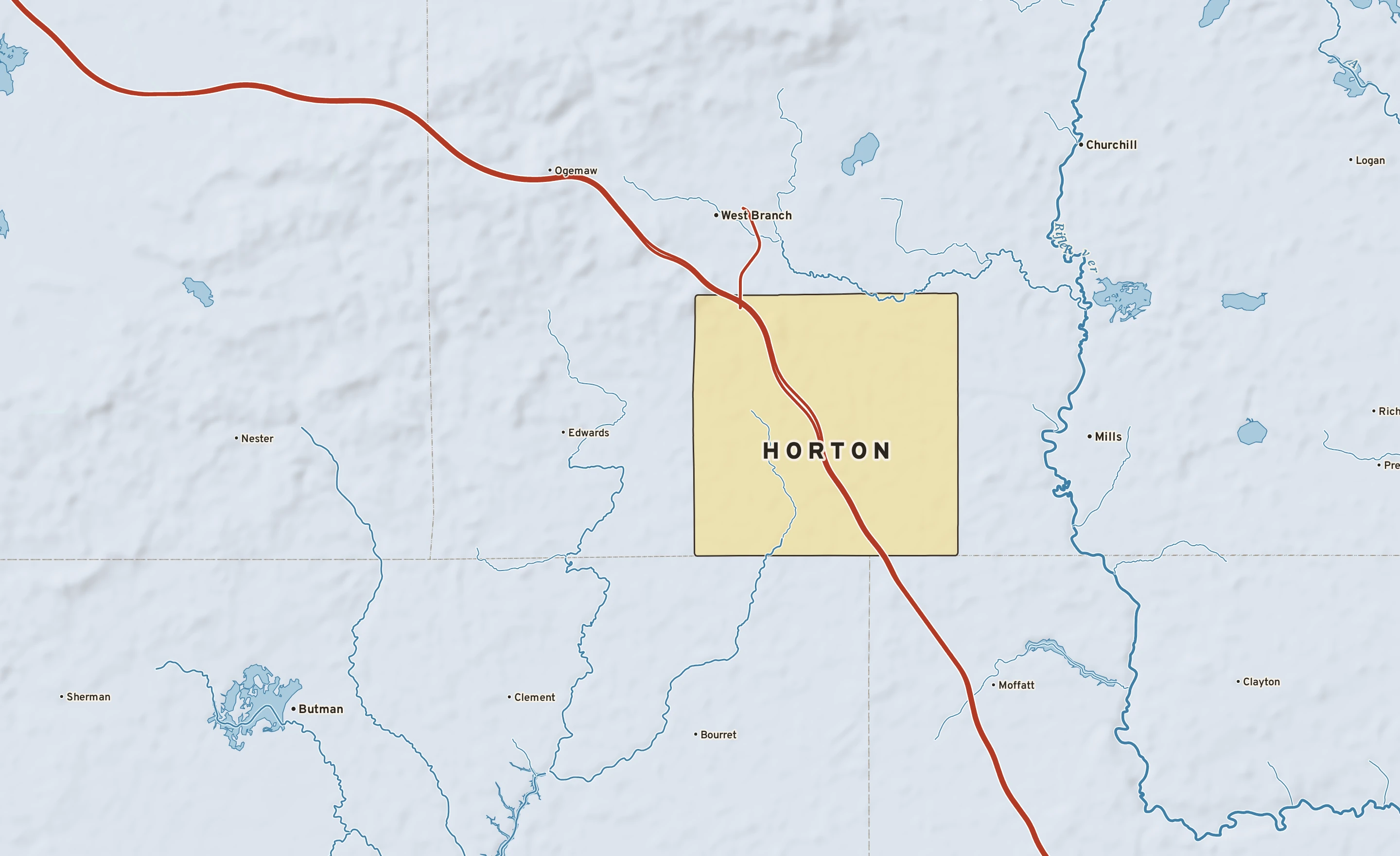 Shaded-relief atlas plate of Horton, Michigan: rivers, roads, the city limits and where the water drains.