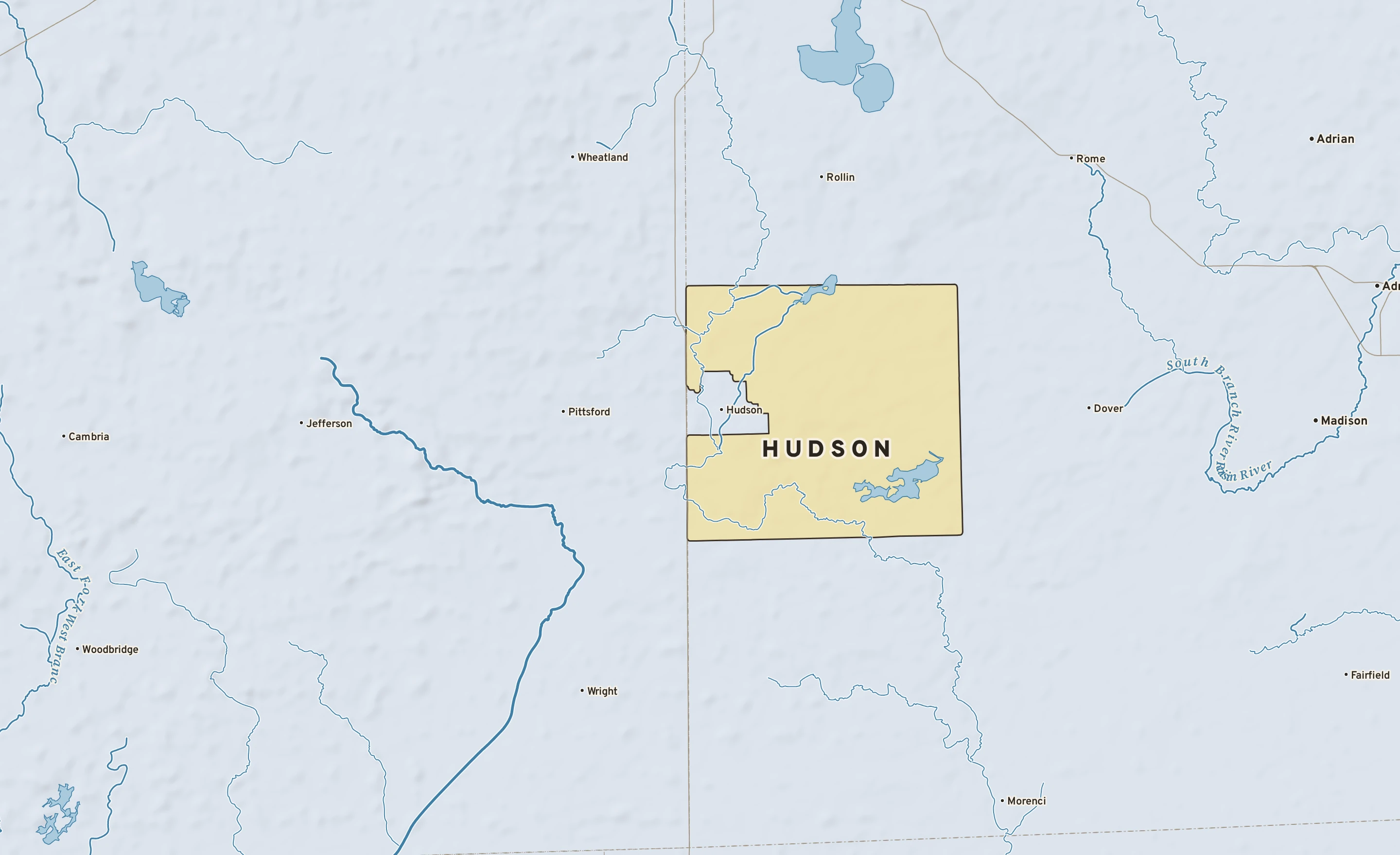 Shaded-relief atlas plate of Hudson, Michigan: rivers, roads, the city limits and where the water drains.