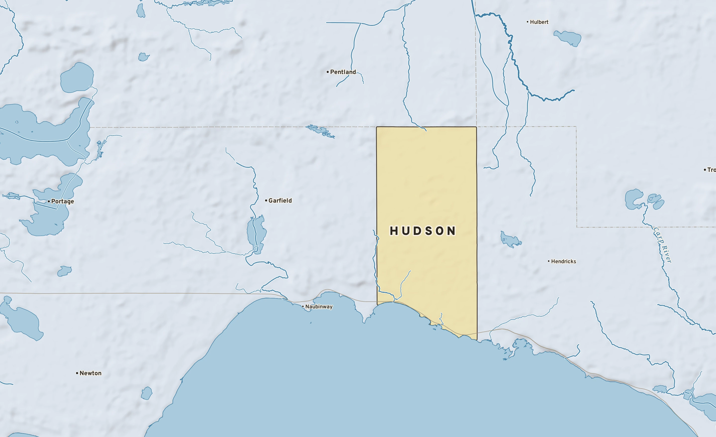 Shaded-relief atlas plate of Hudson, Michigan: rivers, roads, the city limits and where the water drains.