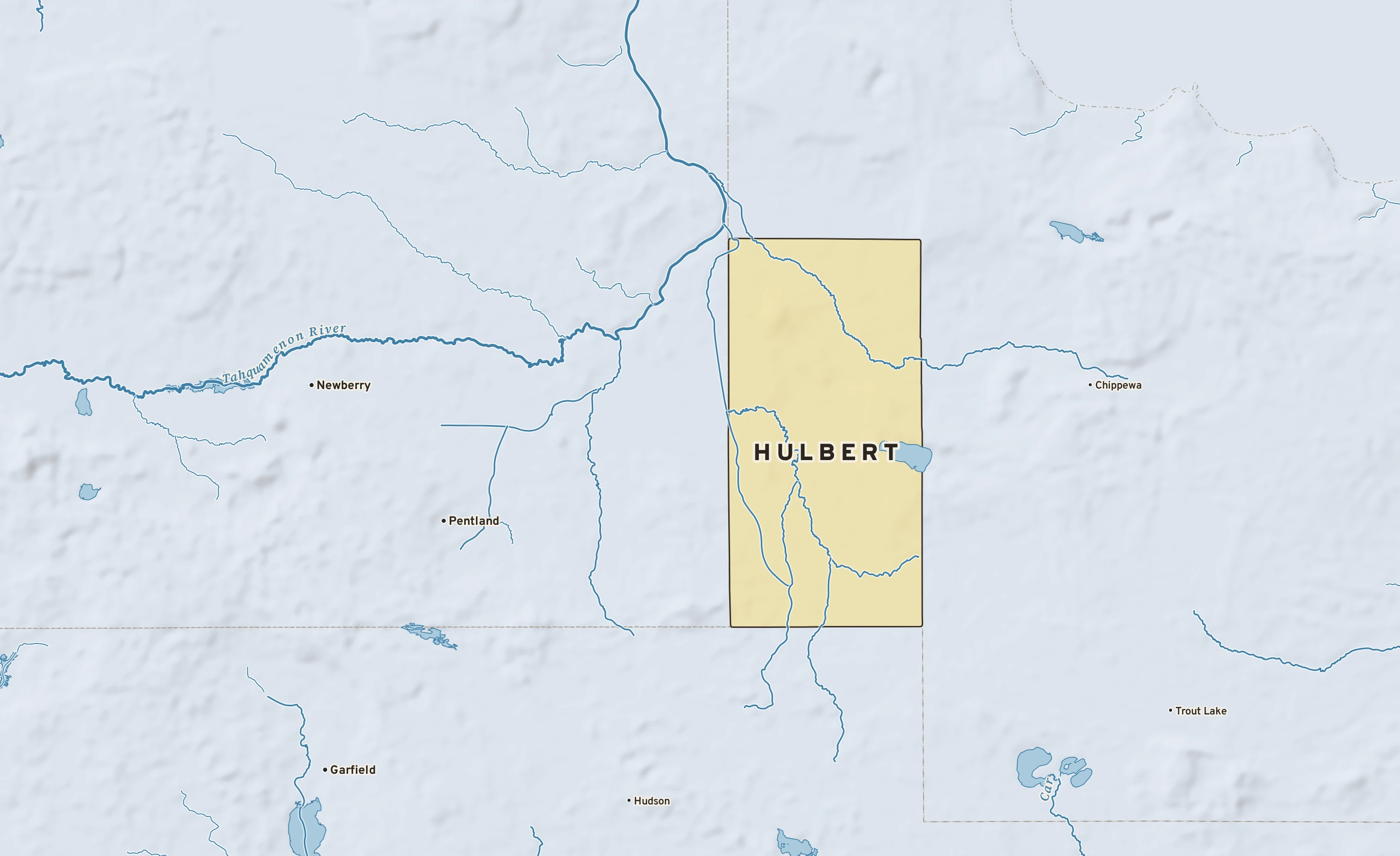 Shaded-relief atlas plate of Hulbert, Michigan: rivers, roads, the city limits and where the water drains.