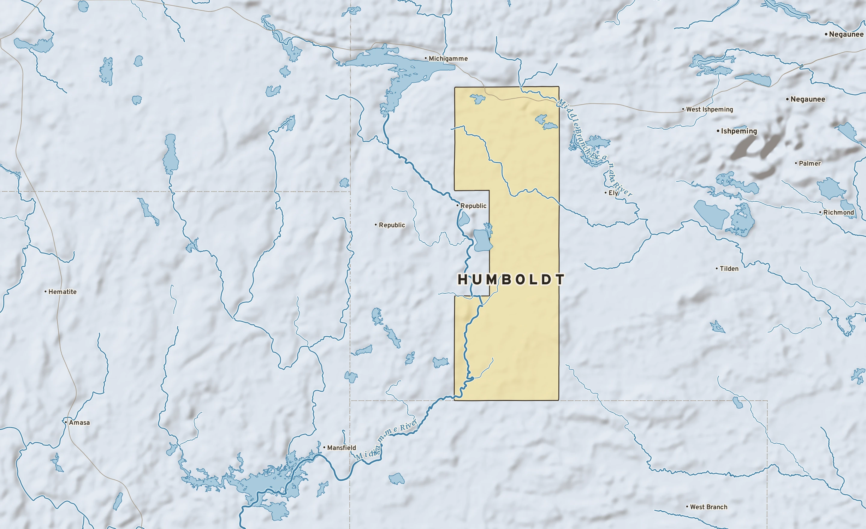 Shaded-relief atlas plate of Humboldt, Michigan: rivers, roads, the city limits and where the water drains.
