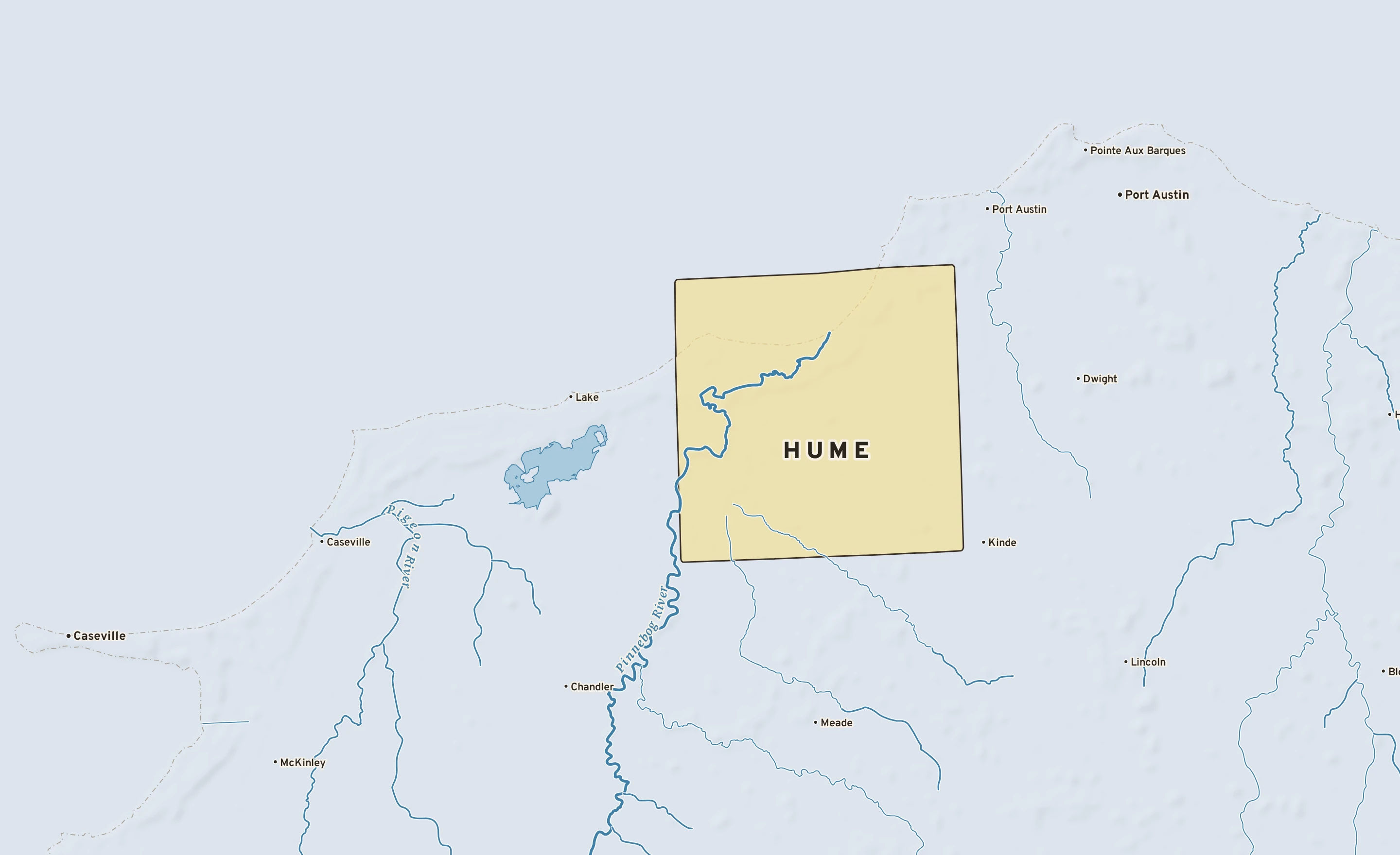 Shaded-relief atlas plate of Hume, Michigan: rivers, roads, the city limits and where the water drains.