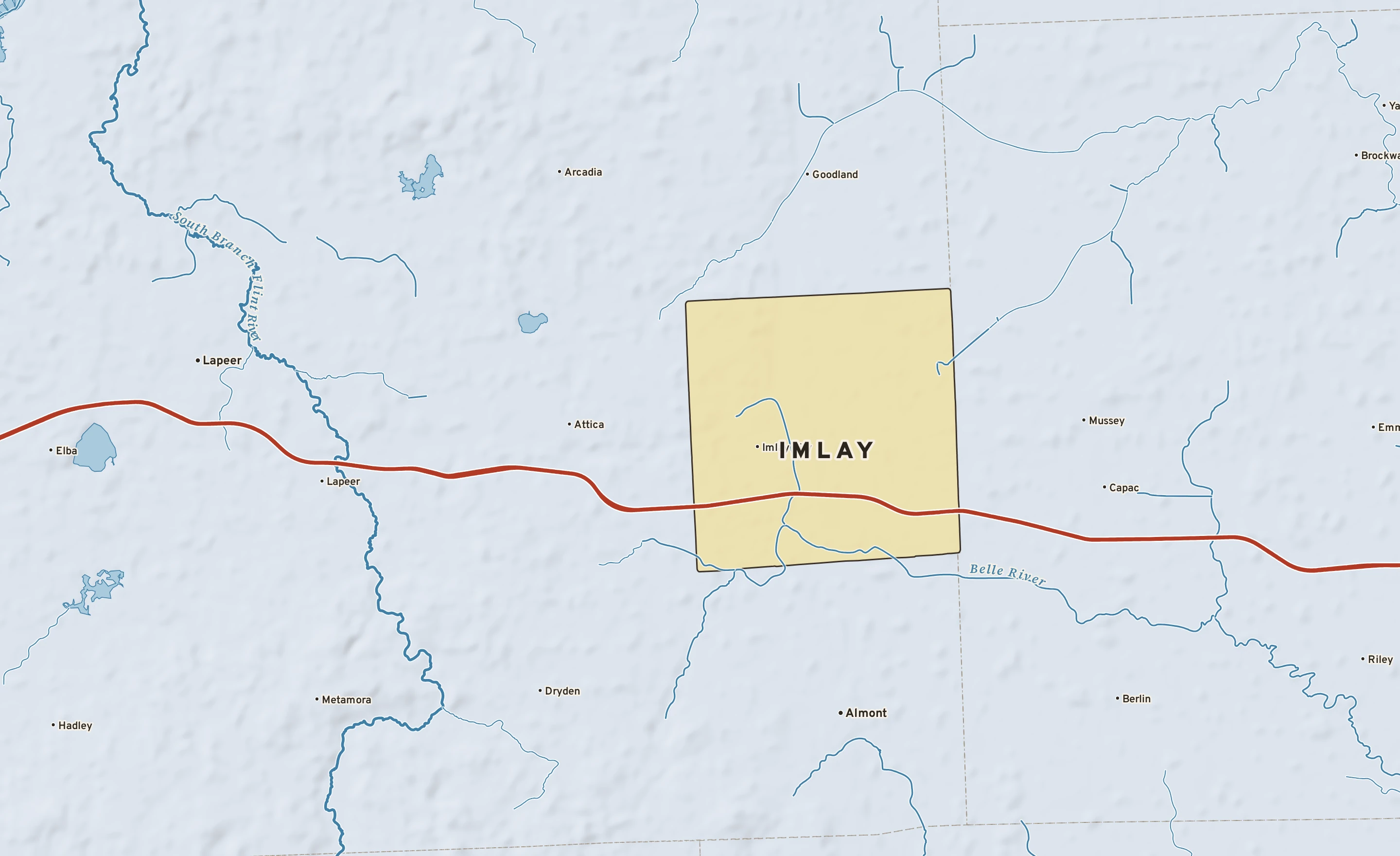 Shaded-relief atlas plate of Imlay, Michigan: rivers, roads, the city limits and where the water drains.